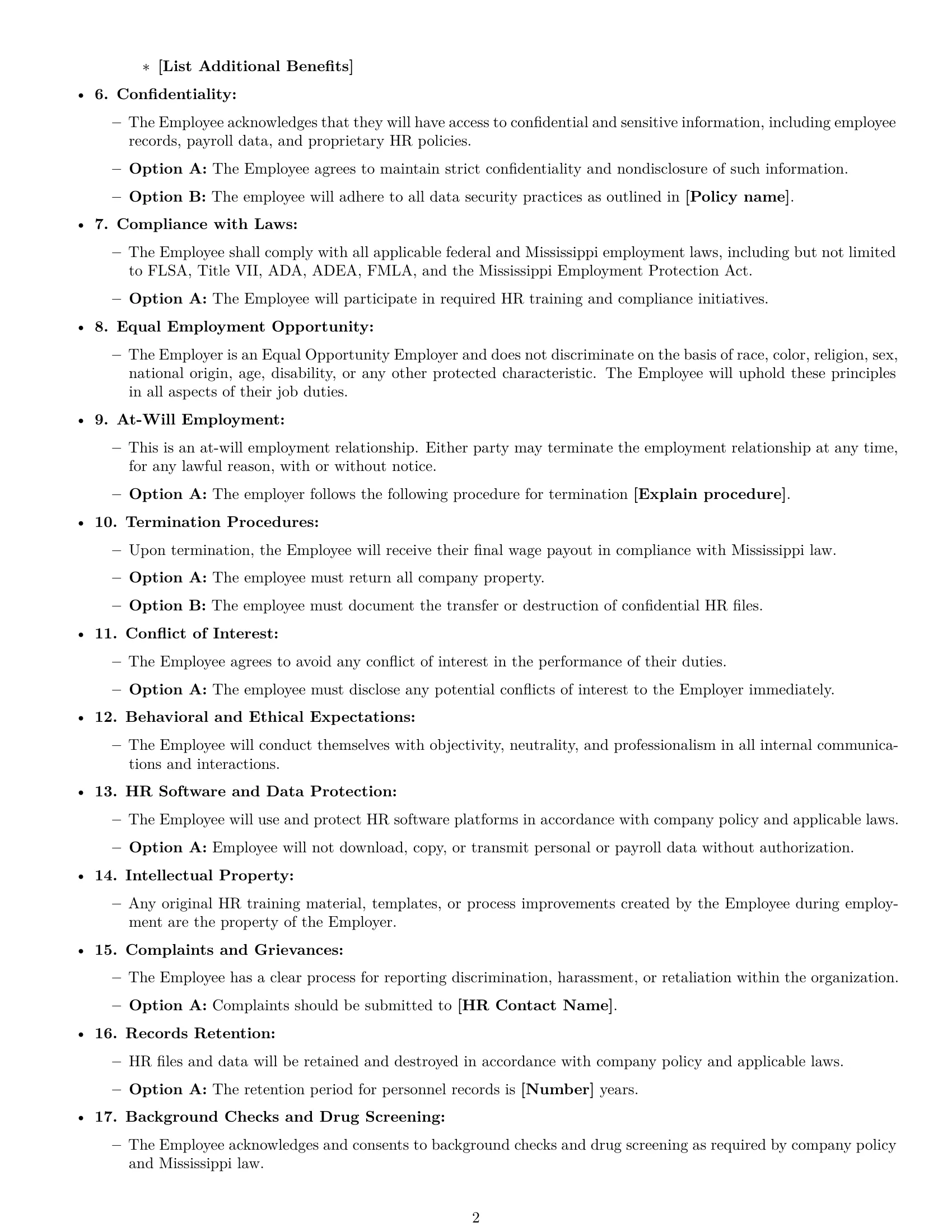 Preview page 2 of Free Mississippi HR assistant employment contract template