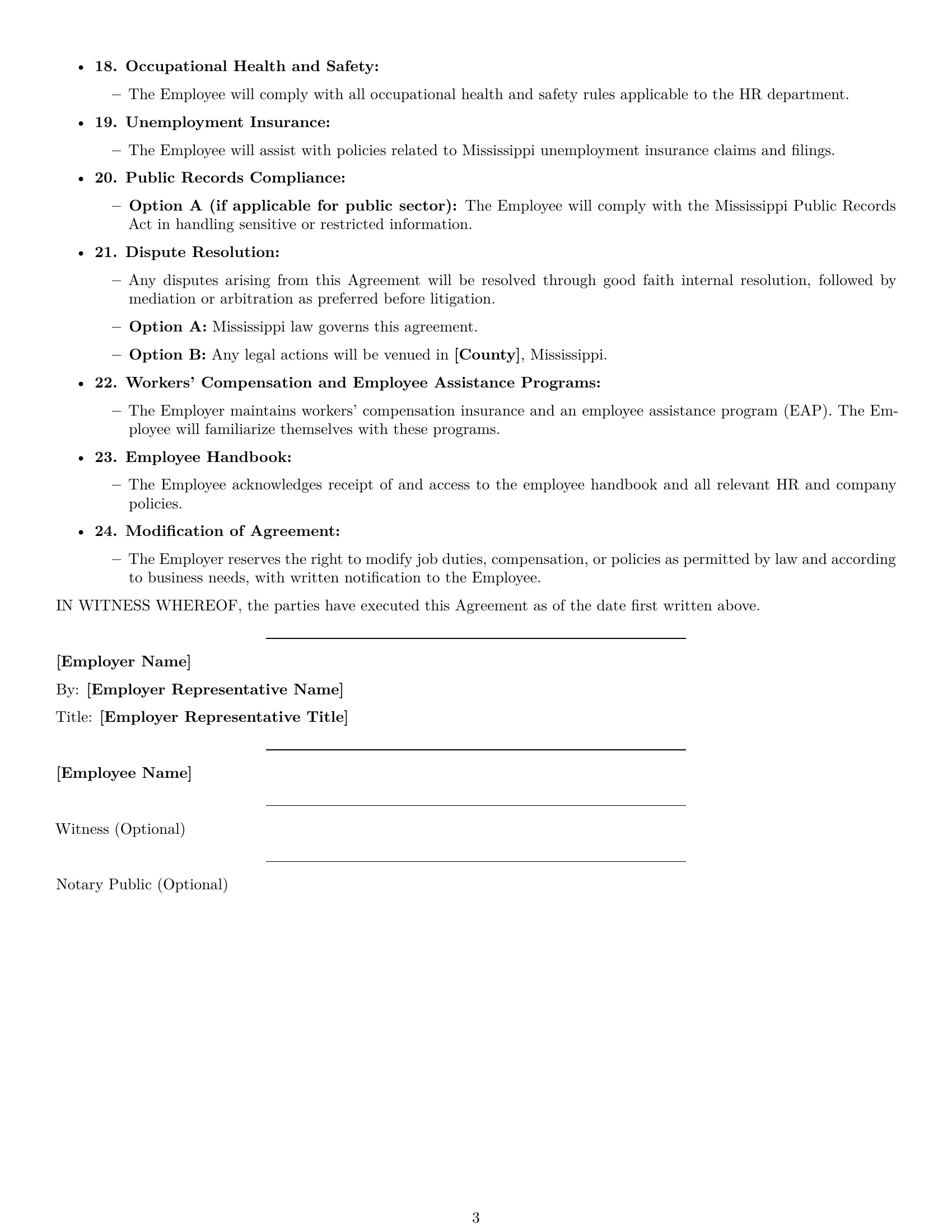 Preview page 3 of Free Mississippi HR assistant employment contract template