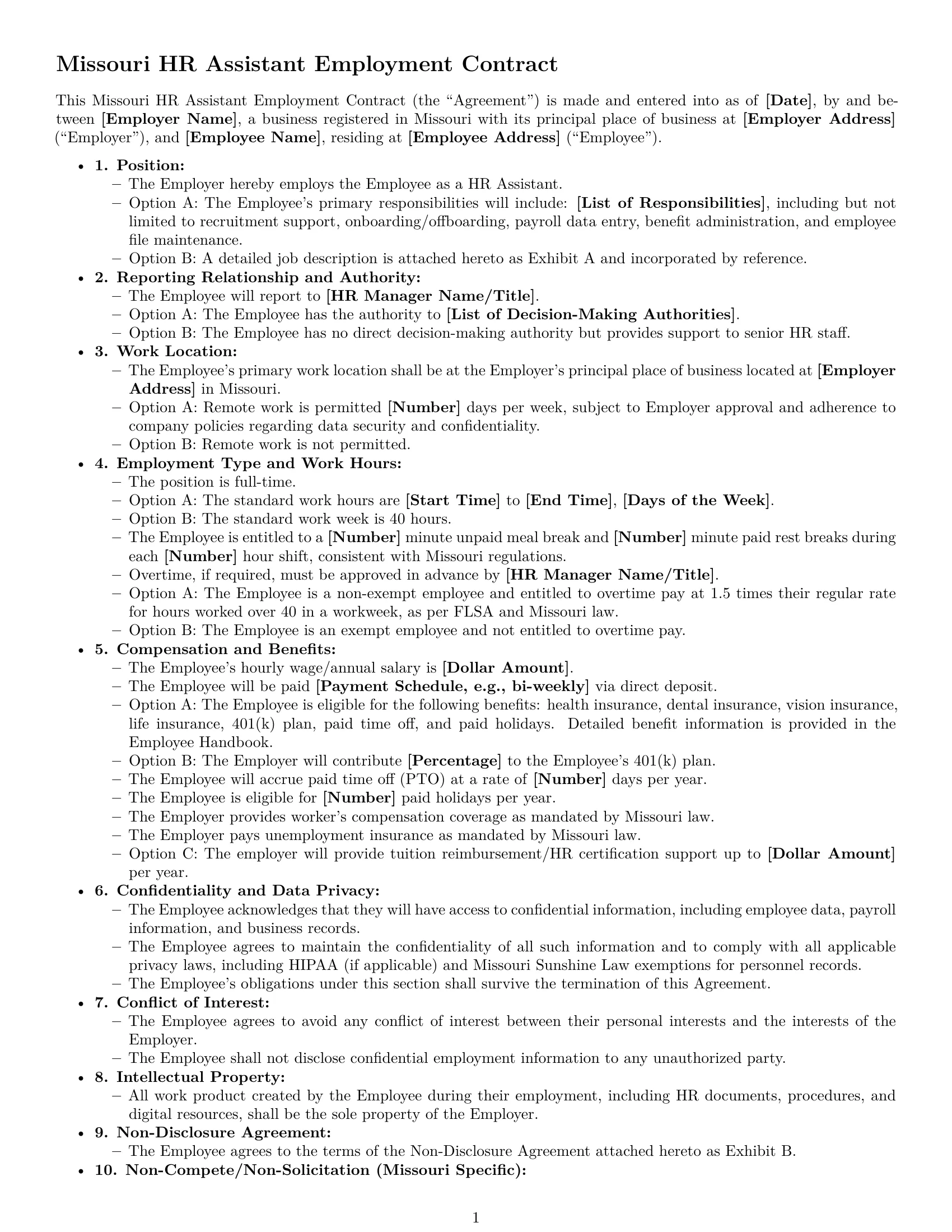 Preview page 1 of Free Missouri HR assistant employment contract template