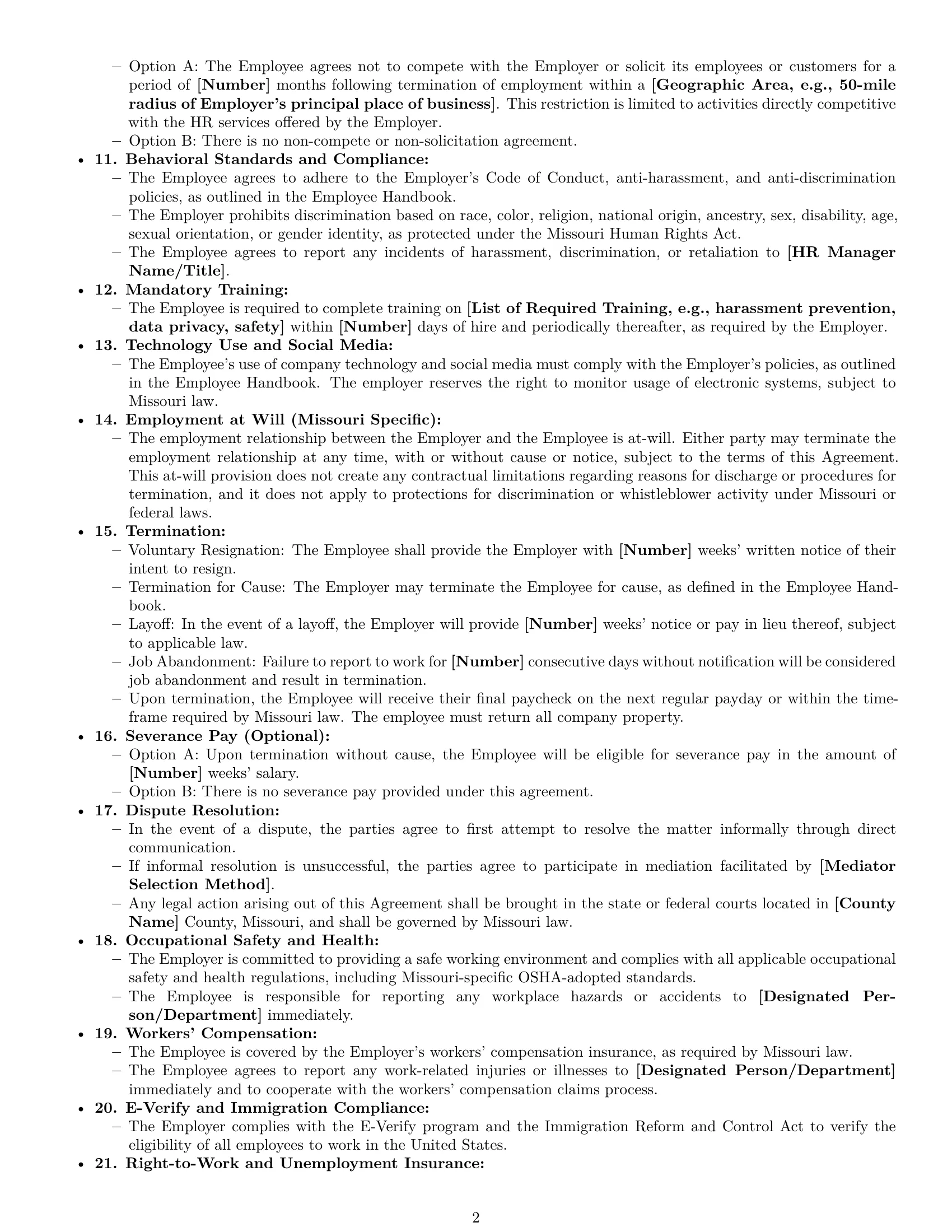 Preview page 2 of Free Missouri HR assistant employment contract template