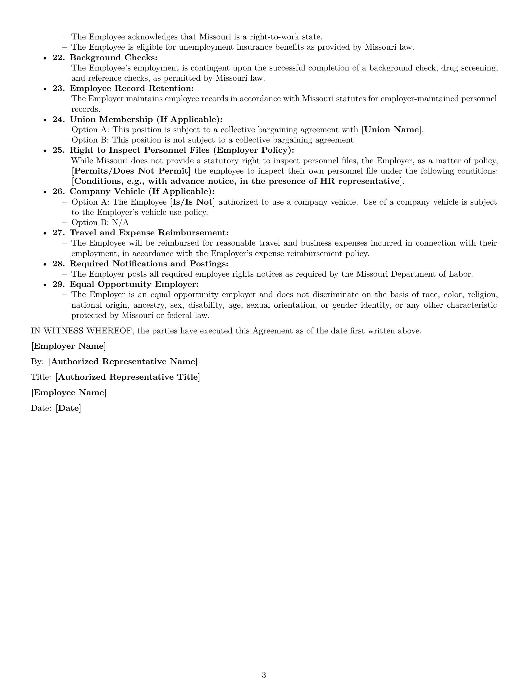 Preview page 3 of Free Missouri HR assistant employment contract template