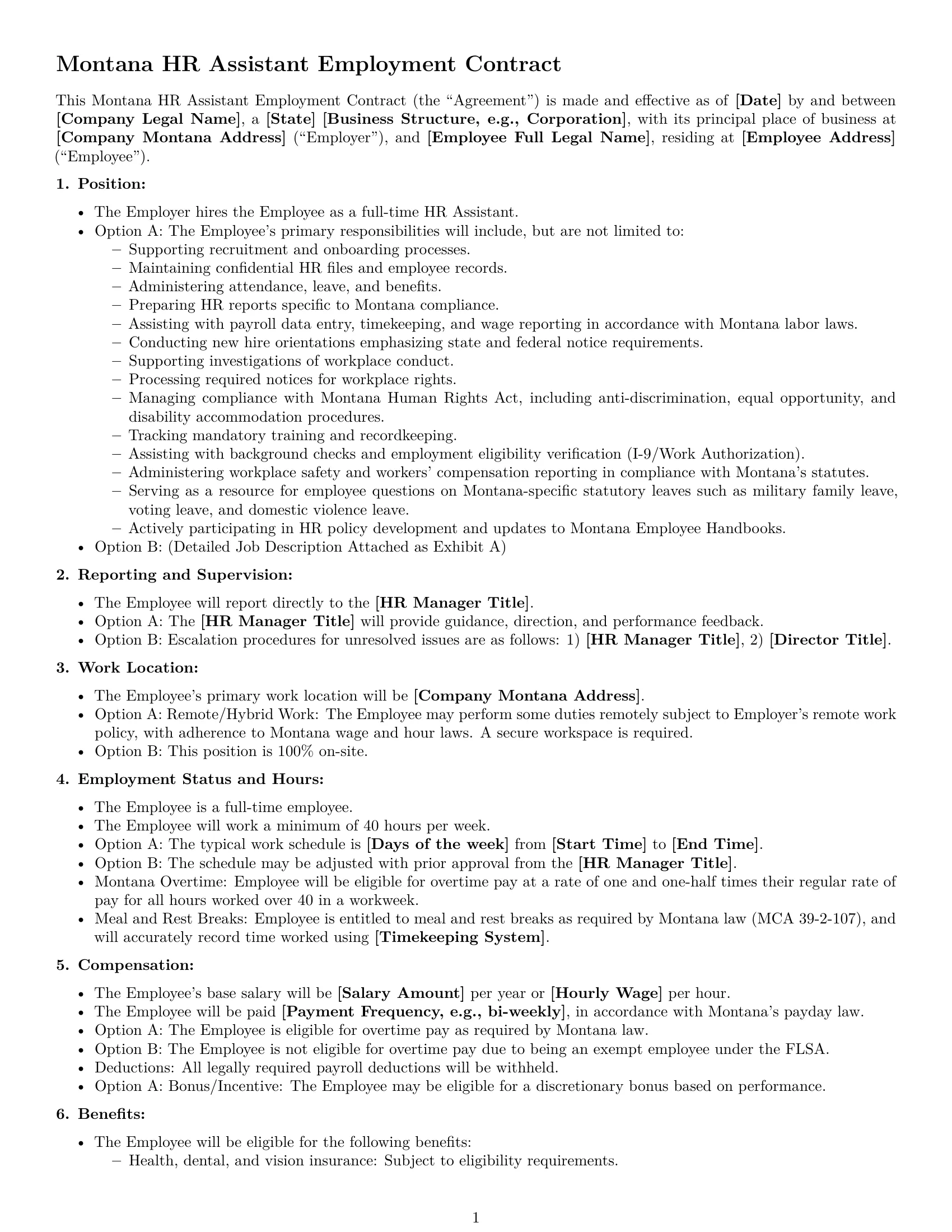 Preview page 1 of Free Montana HR assistant employment contract template