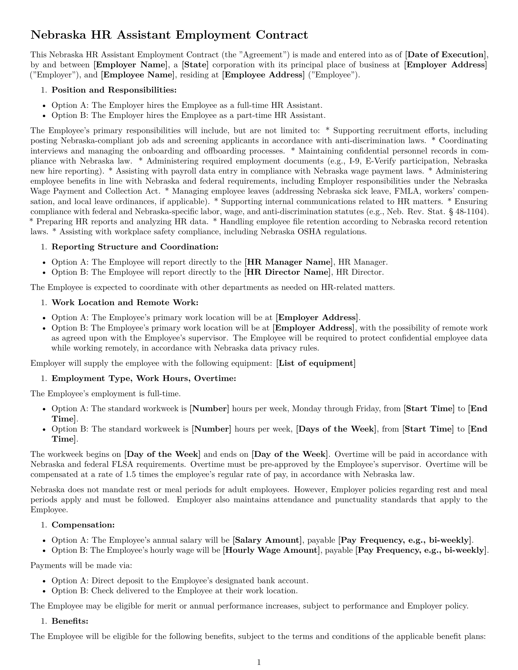 Preview page 1 of Free Nebraska HR assistant employment contract template
