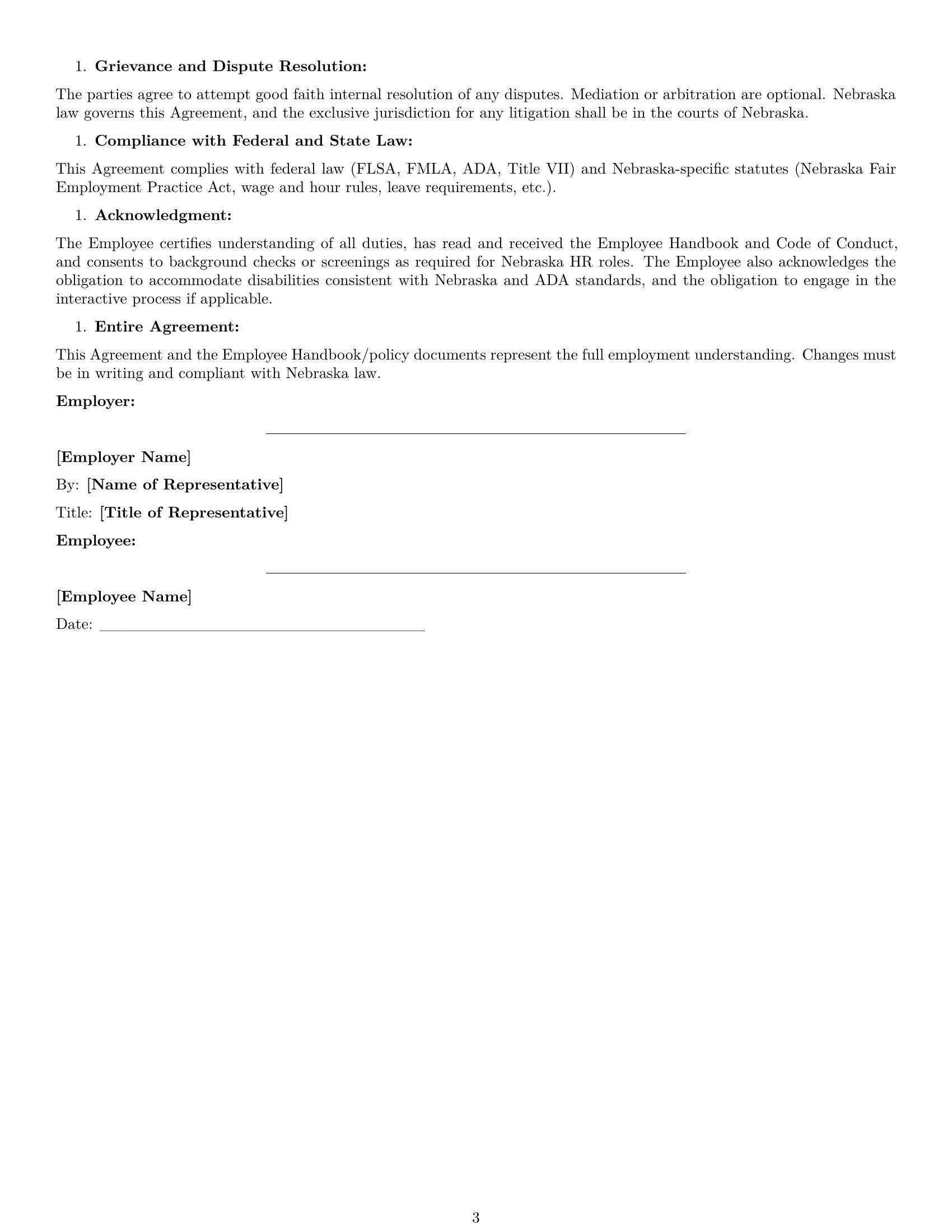 Preview page 3 of Free Nebraska HR assistant employment contract template