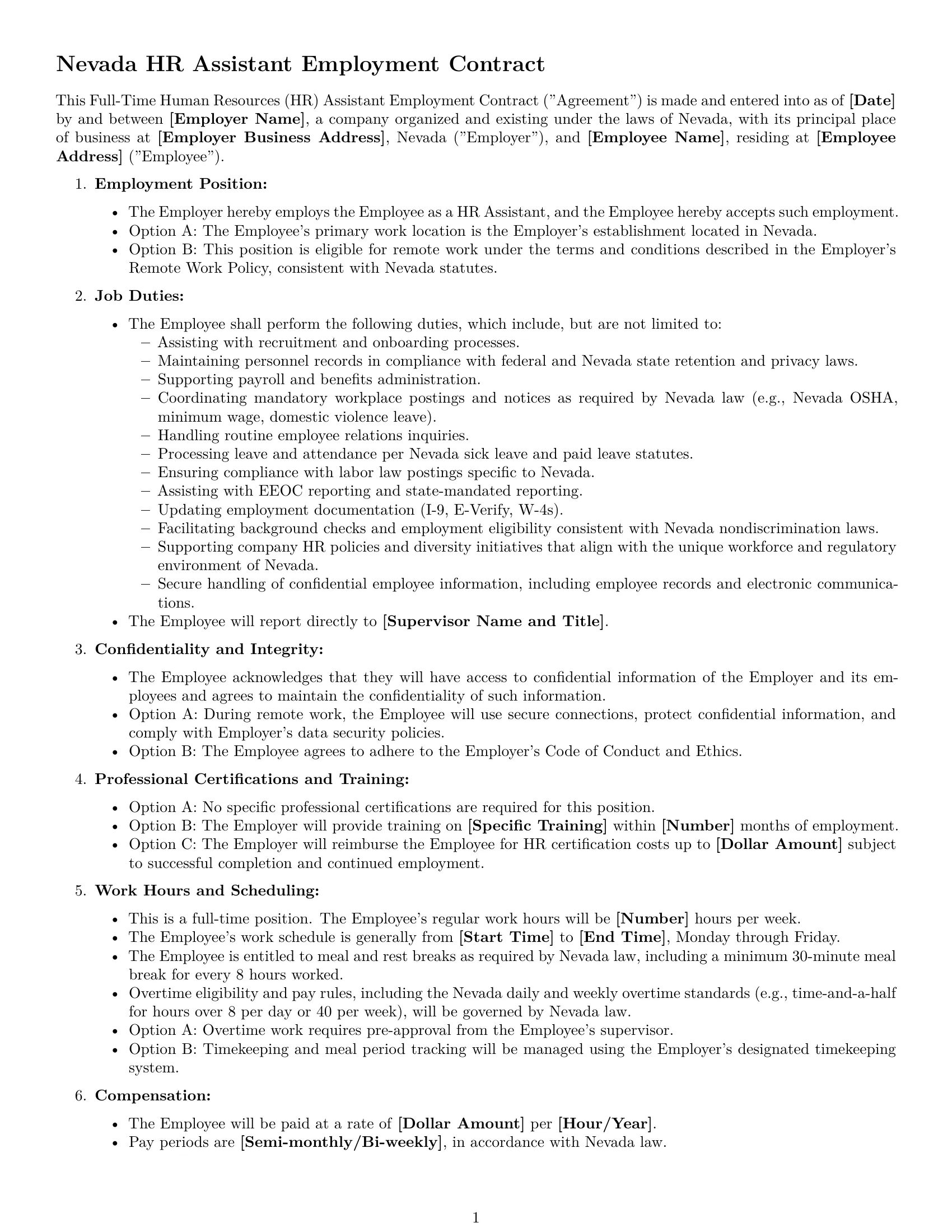 Preview page 1 of Free Nevada HR assistant employment contract template