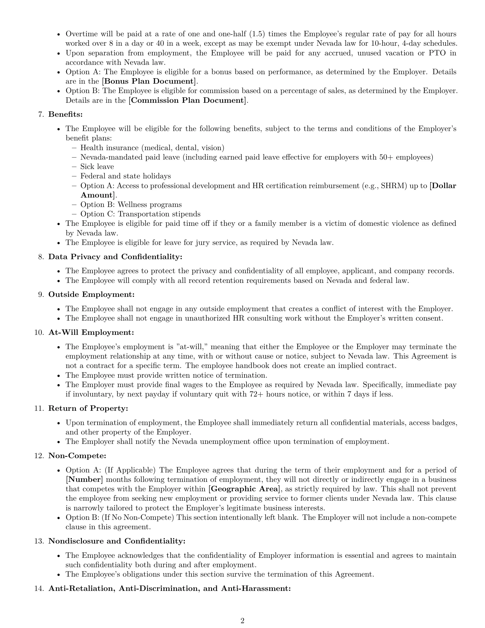 Preview page 2 of Free Nevada HR assistant employment contract template