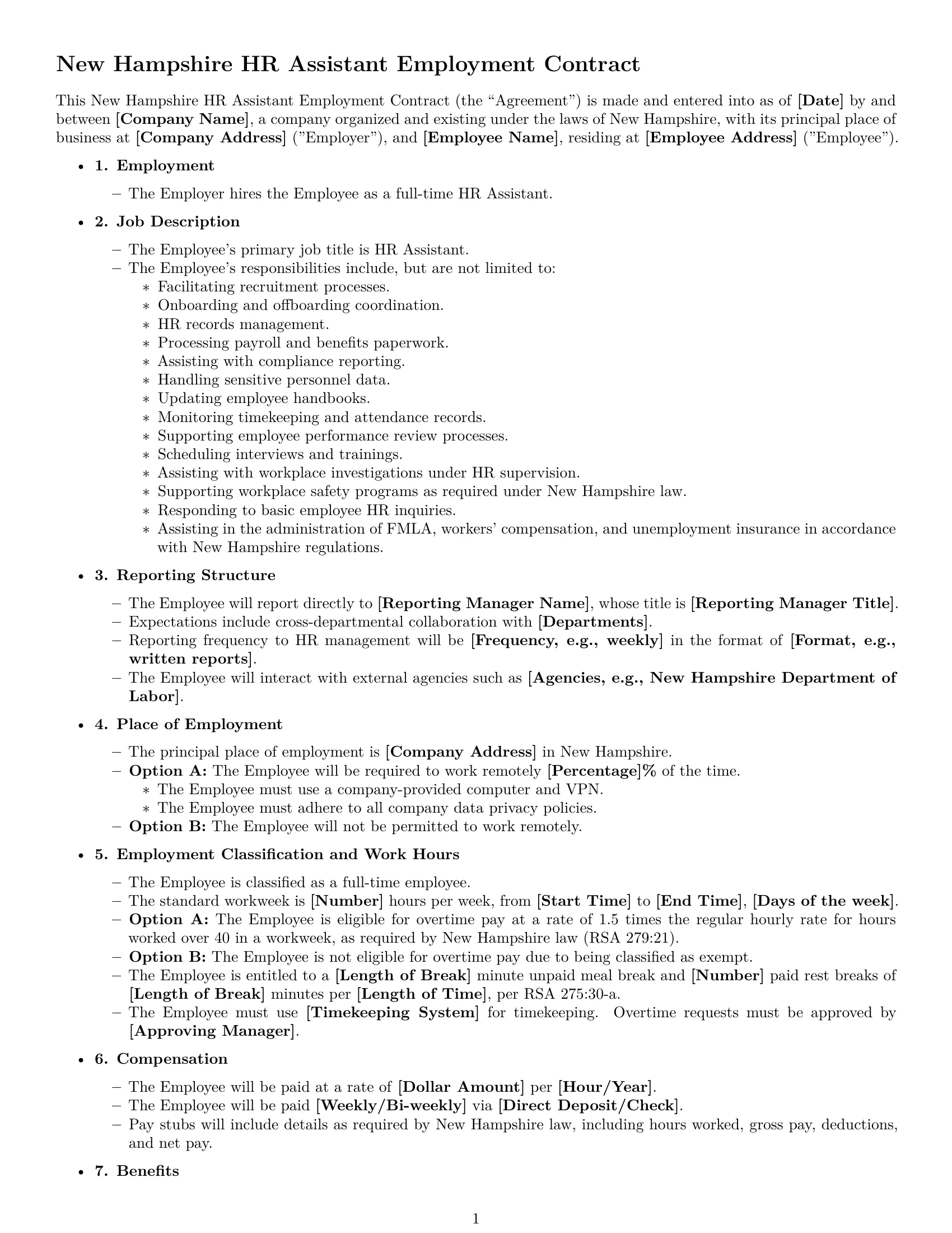 Preview page 1 of Free New Hampshire HR assistant employment contract template