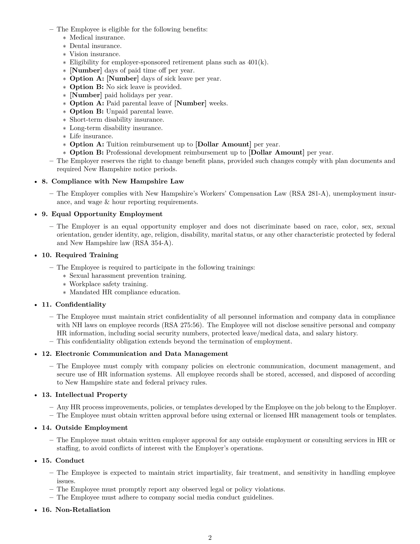 Preview page 2 of Free New Hampshire HR assistant employment contract template