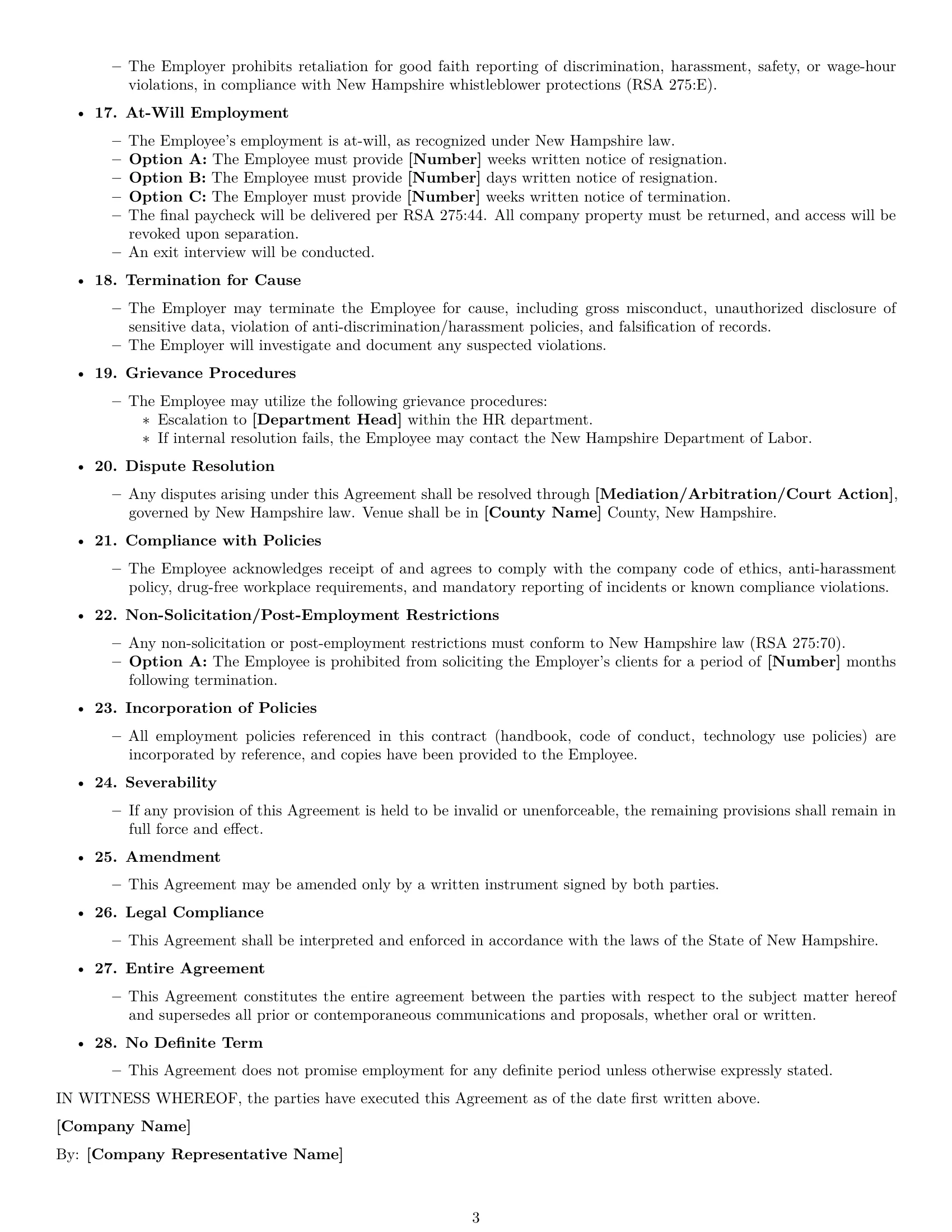 Preview page 3 of Free New Hampshire HR assistant employment contract template