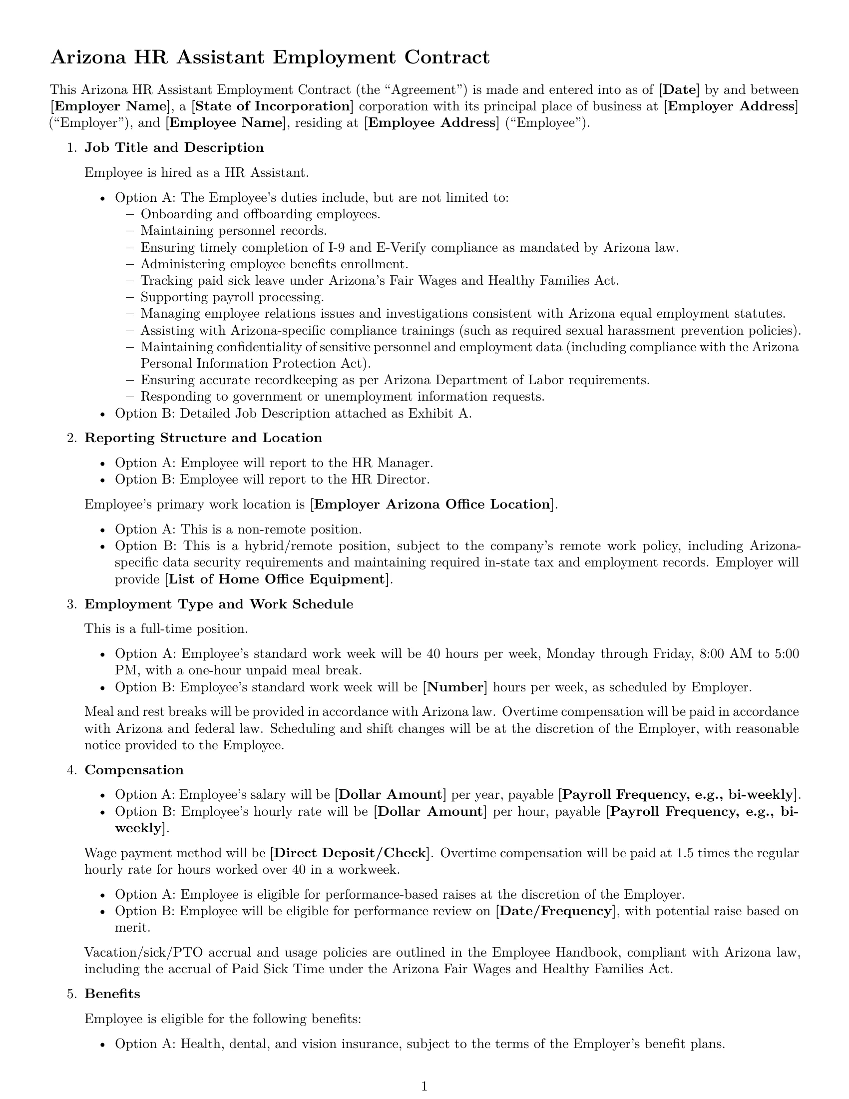 Preview page 1 of Free Arizona HR assistant employment contract template