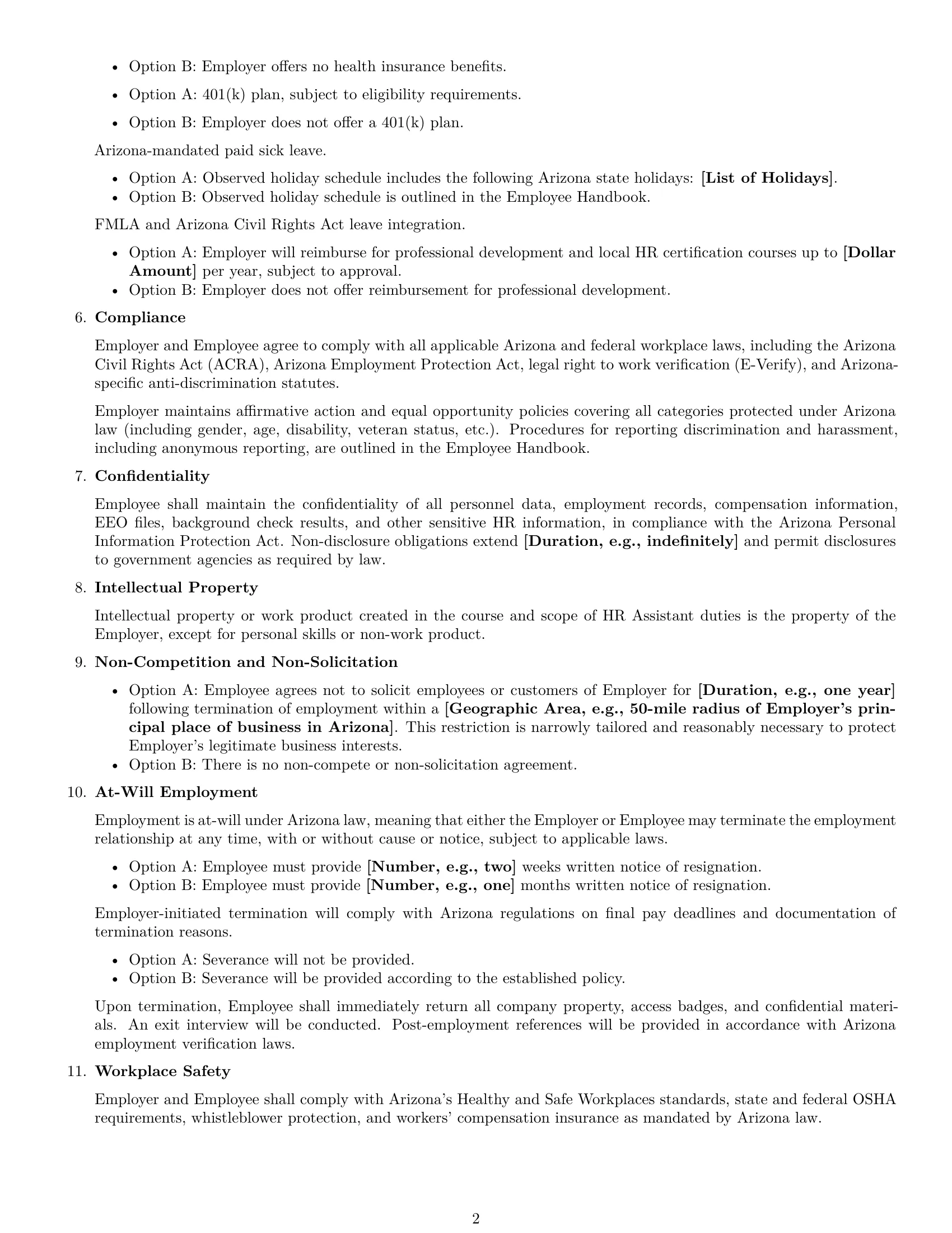 Preview page 2 of Free Arizona HR assistant employment contract template