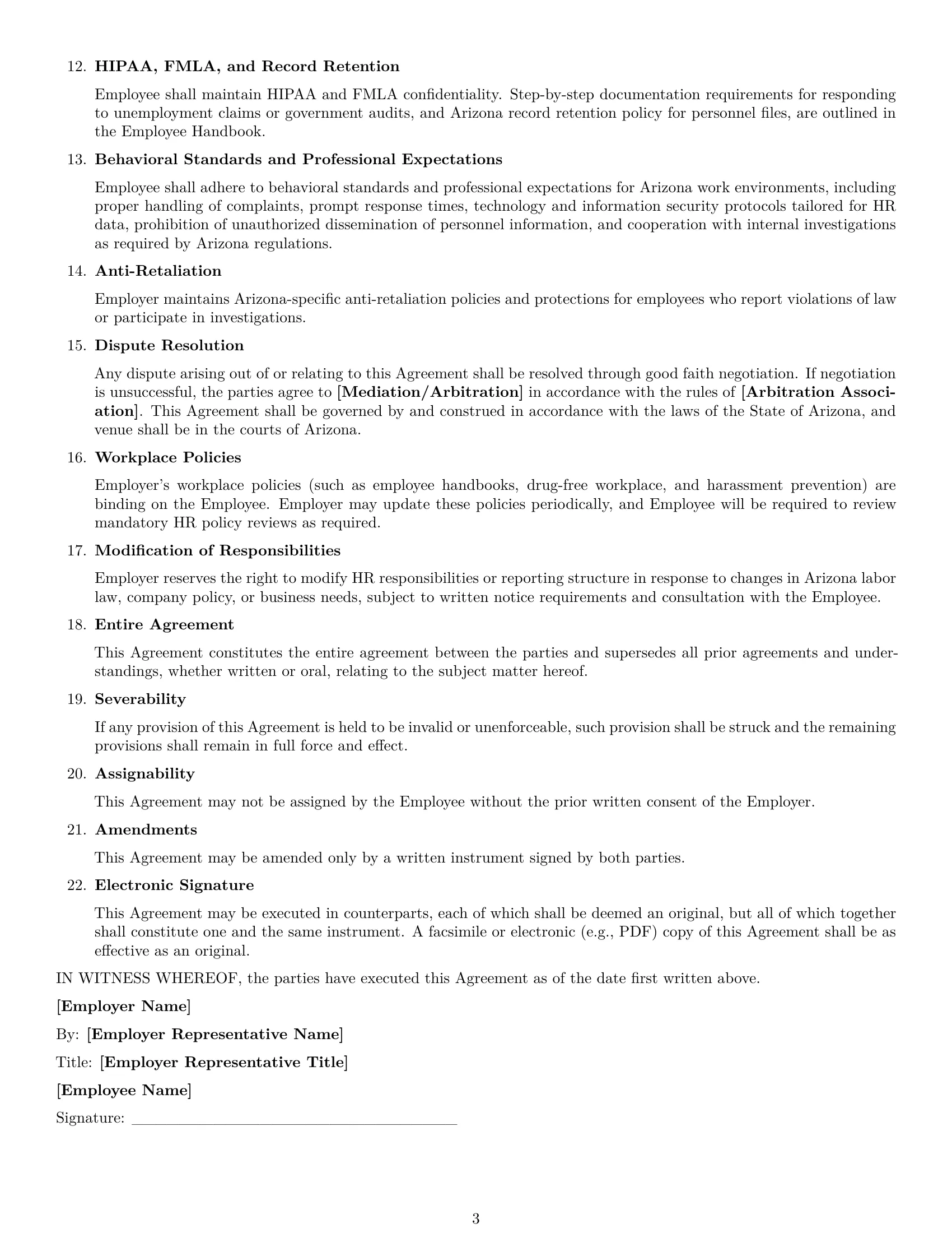 Preview page 3 of Free Arizona HR assistant employment contract template