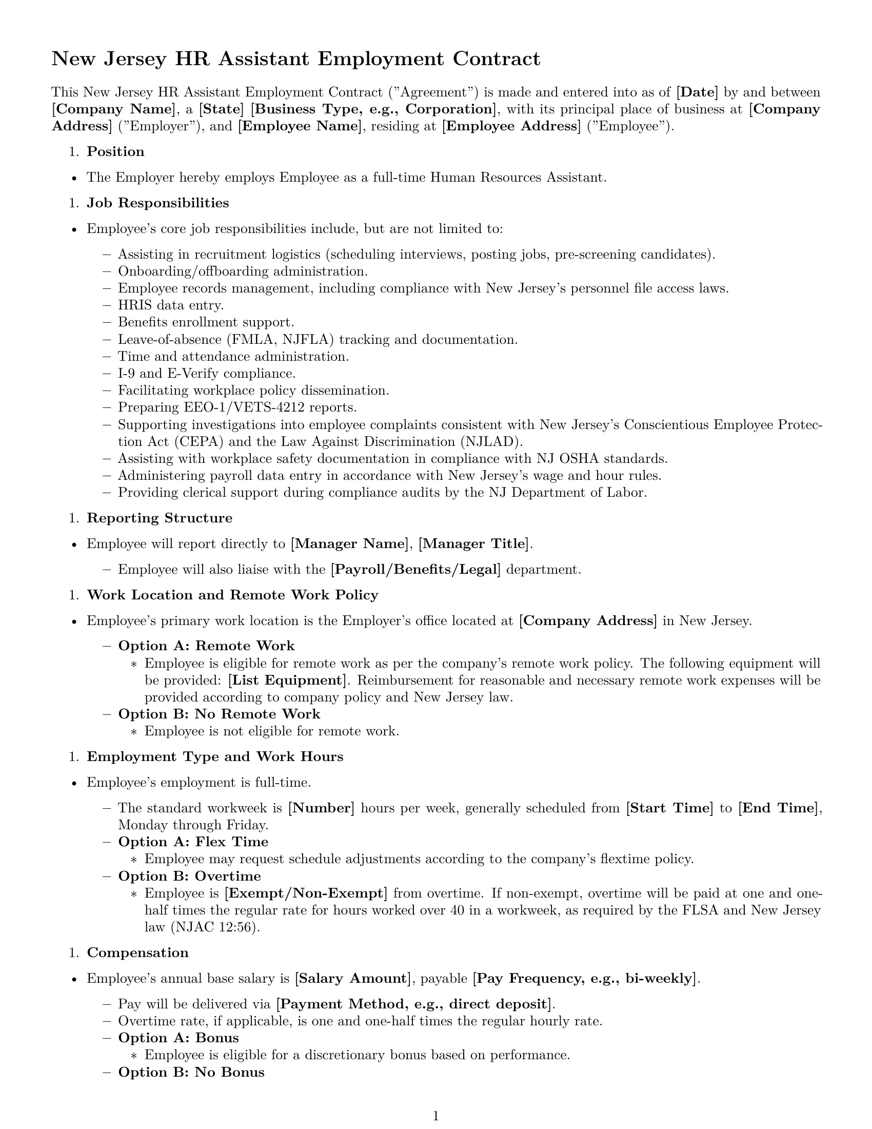 Preview page 1 of Free New Jersey HR assistant employment contract template