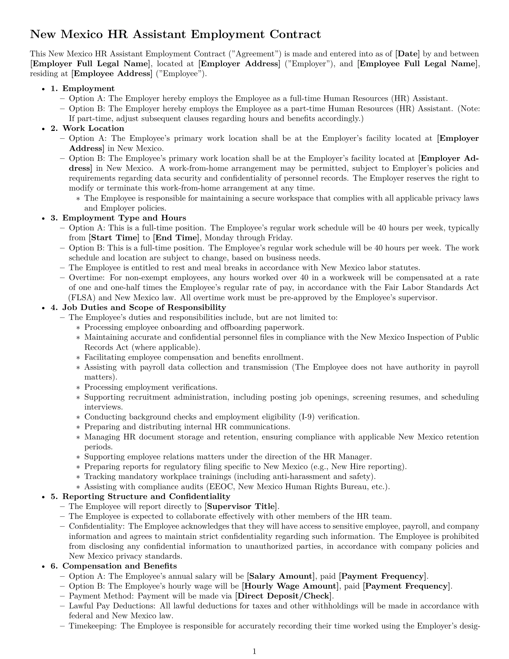 Preview page 1 of Free New Mexico HR assistant employment contract template