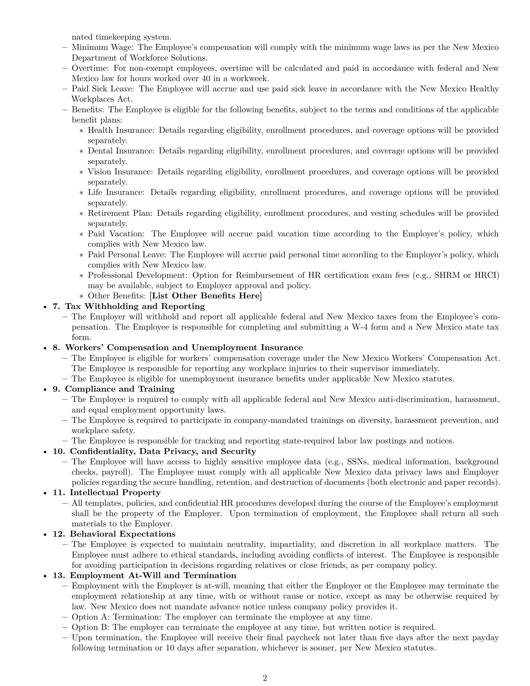 Preview page 2 of Free New Mexico HR assistant employment contract template