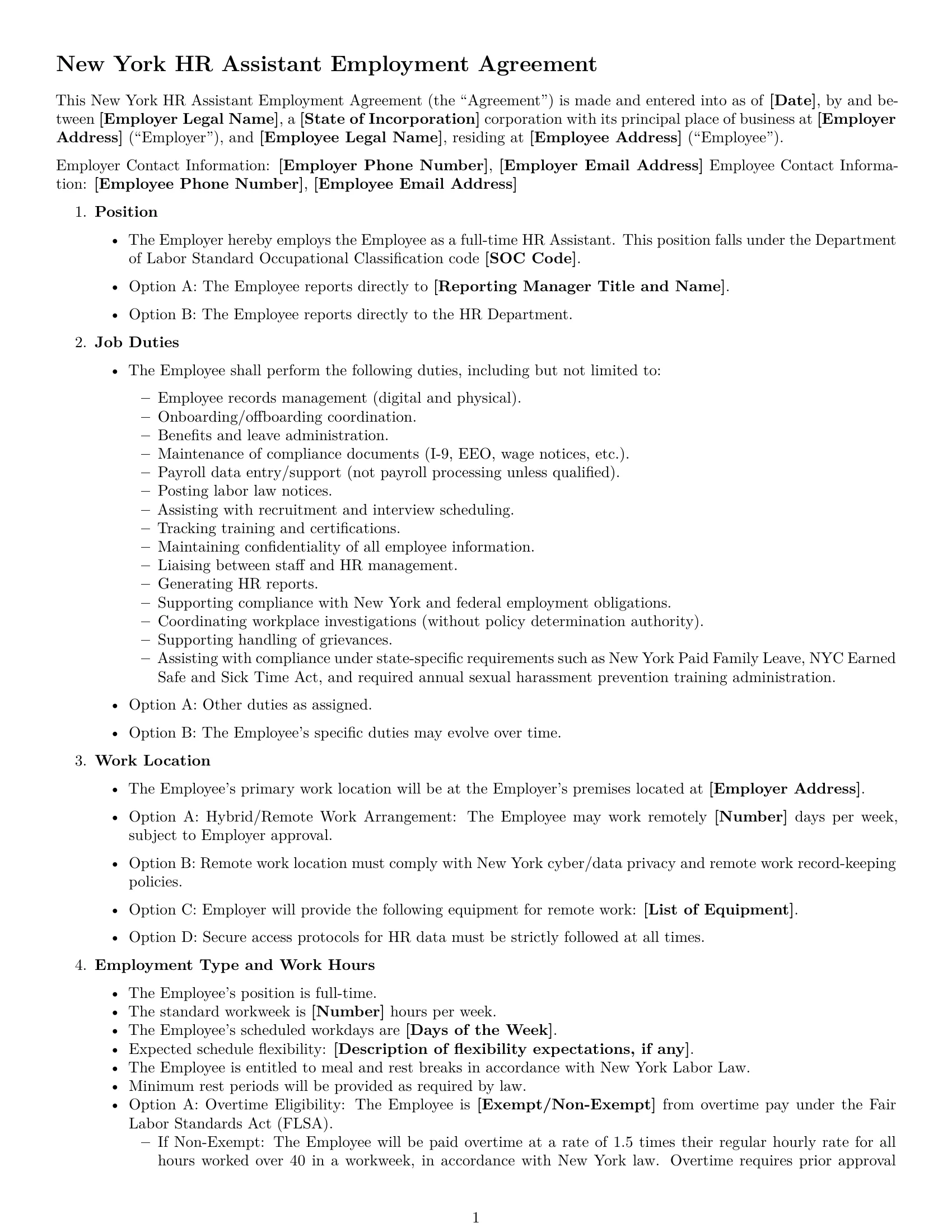 Preview page 1 of Free New York HR assistant employment contract template