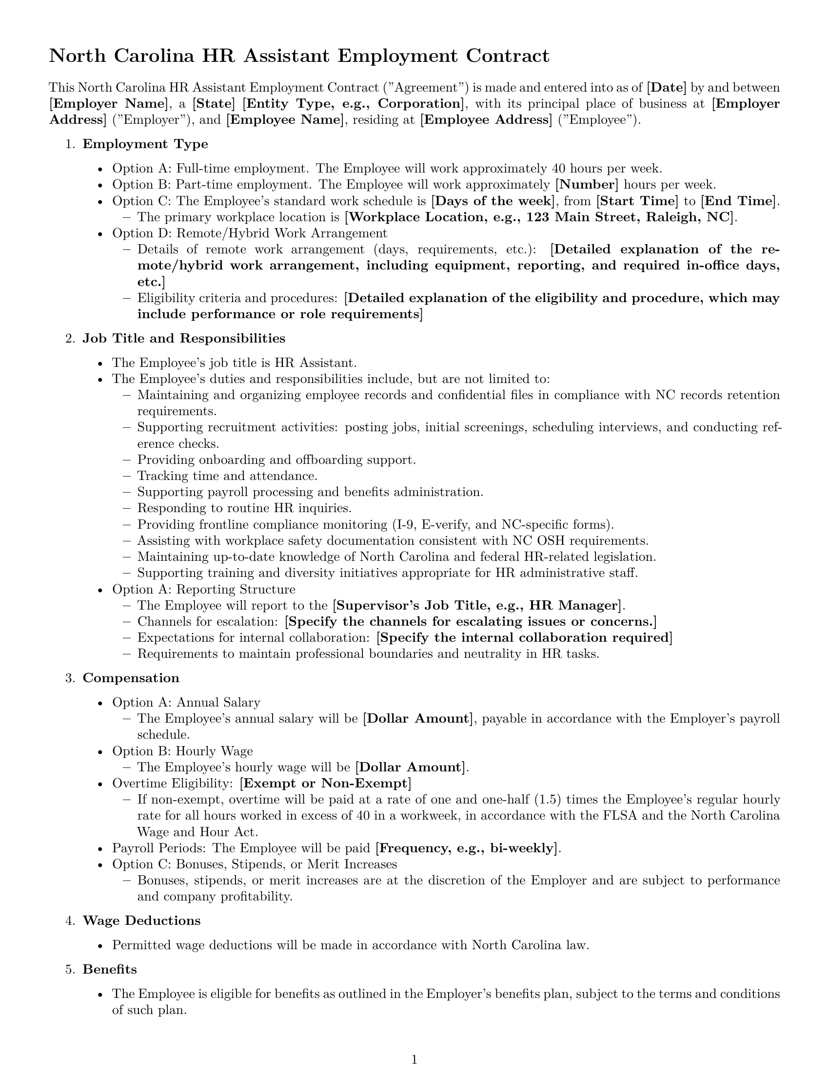 Preview page 1 of Free North Carolina HR assistant employment contract template