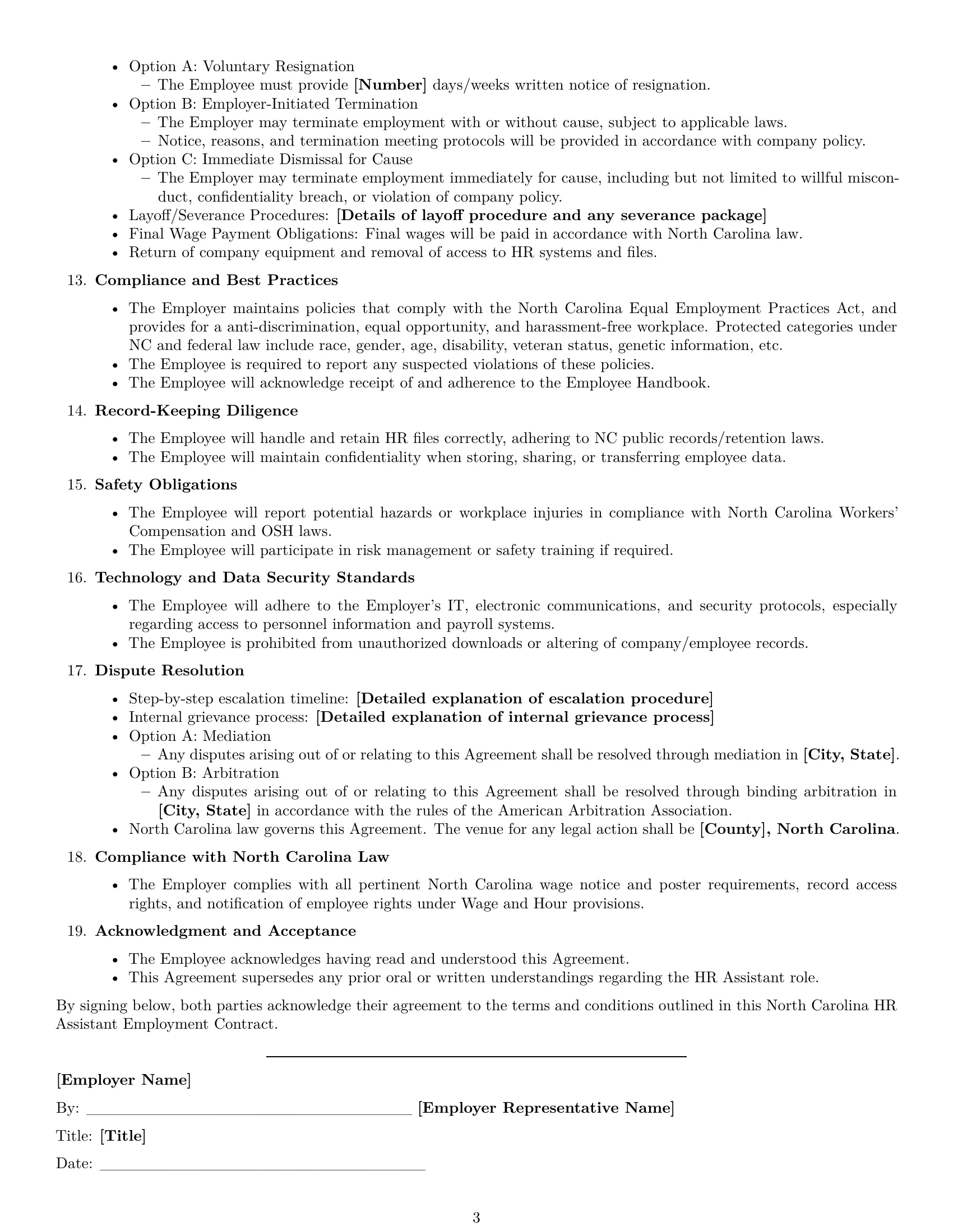 Preview page 3 of Free North Carolina HR assistant employment contract template