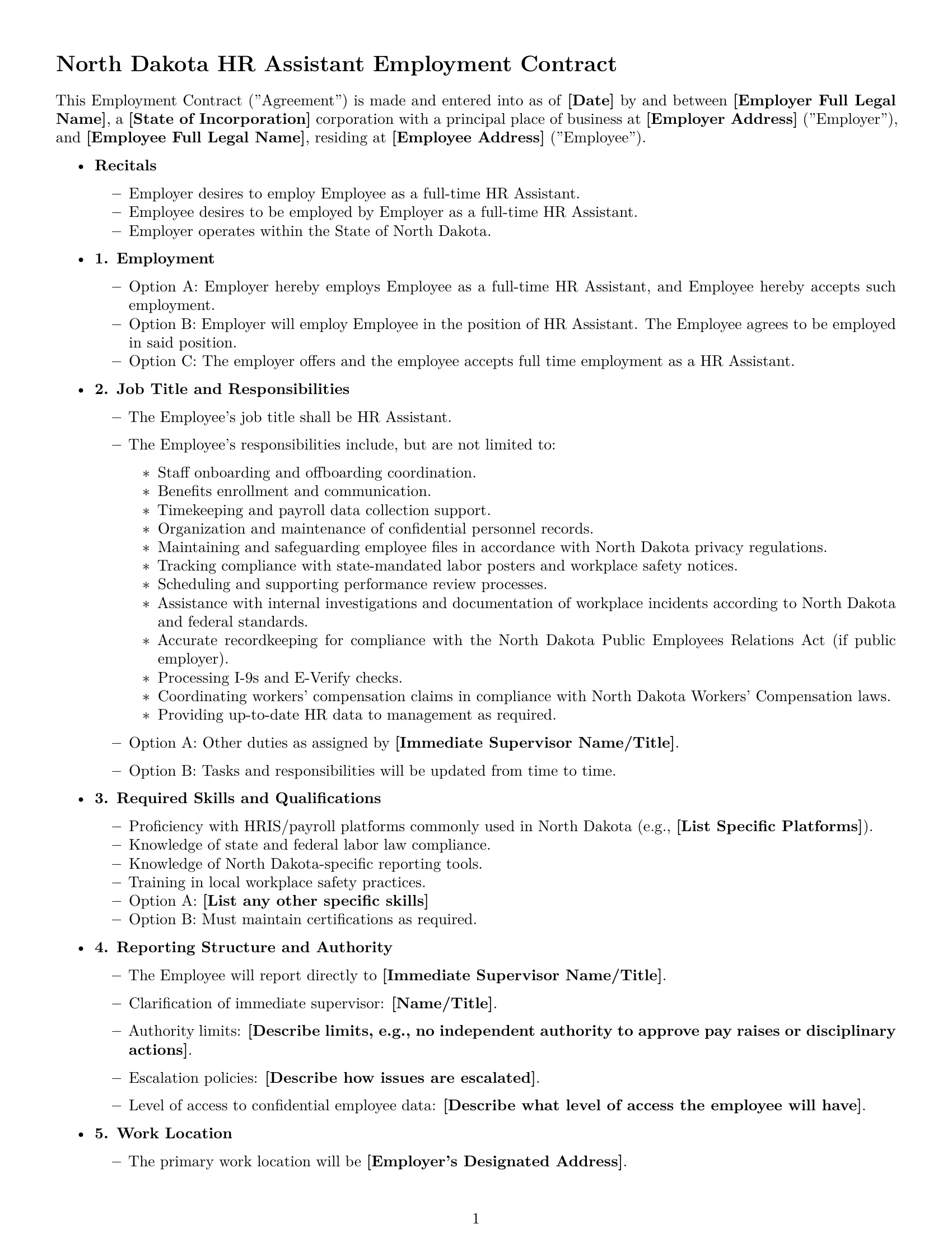 Preview page 1 of Free North Dakota HR assistant employment contract template