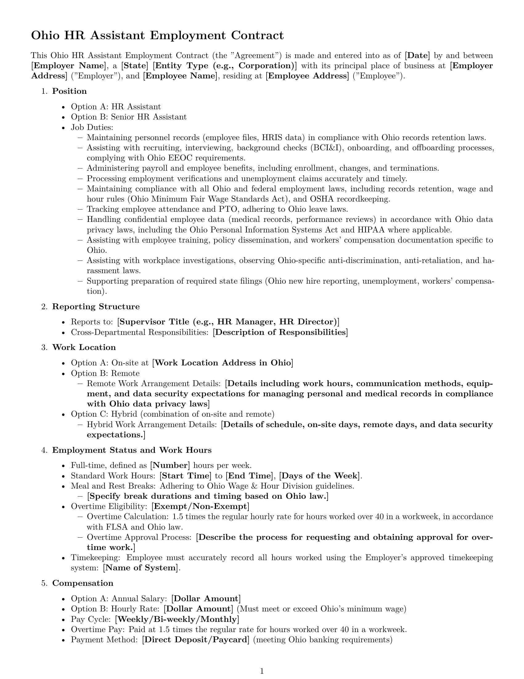 Preview page 1 of Free Ohio HR assistant employment contract template
