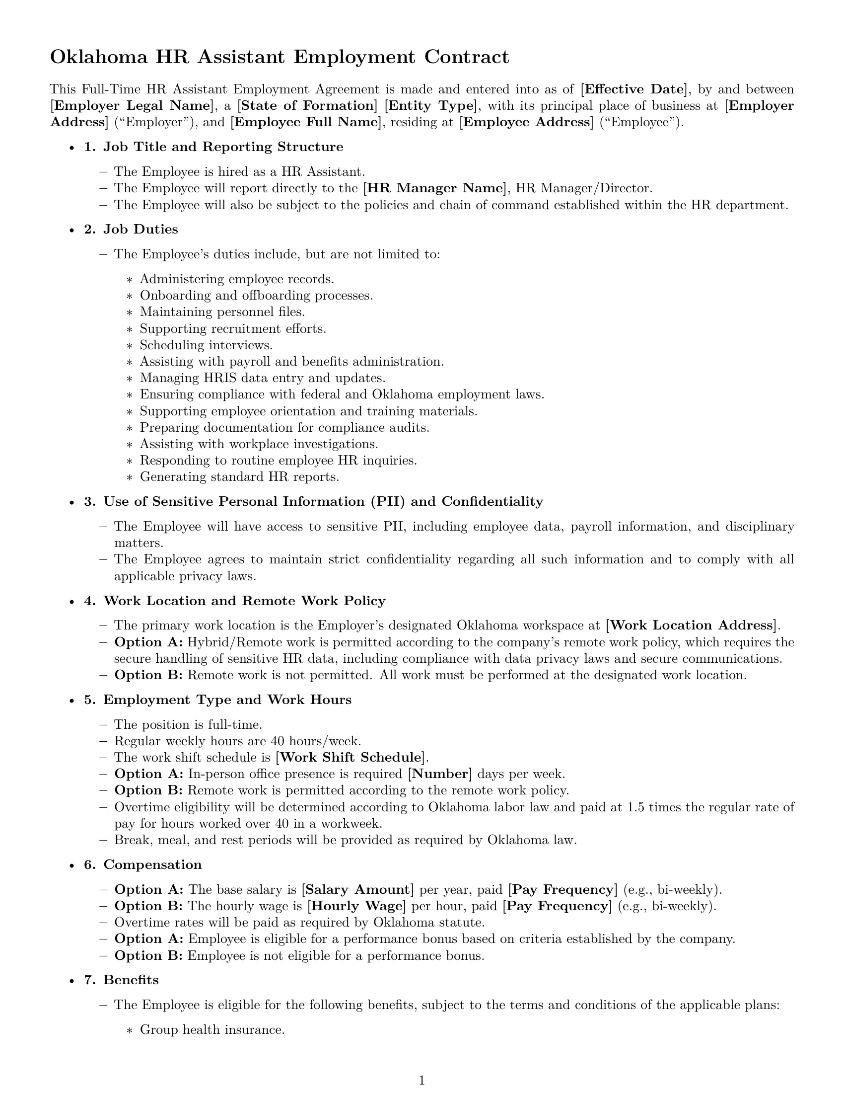 Preview page 1 of Free Oklahoma HR assistant employment contract template