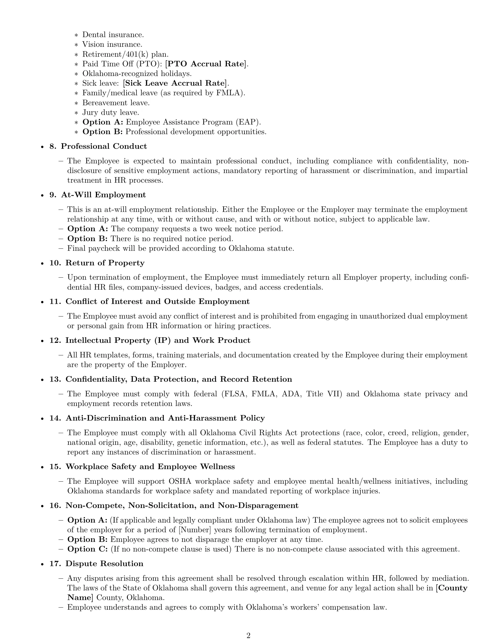 Preview page 2 of Free Oklahoma HR assistant employment contract template