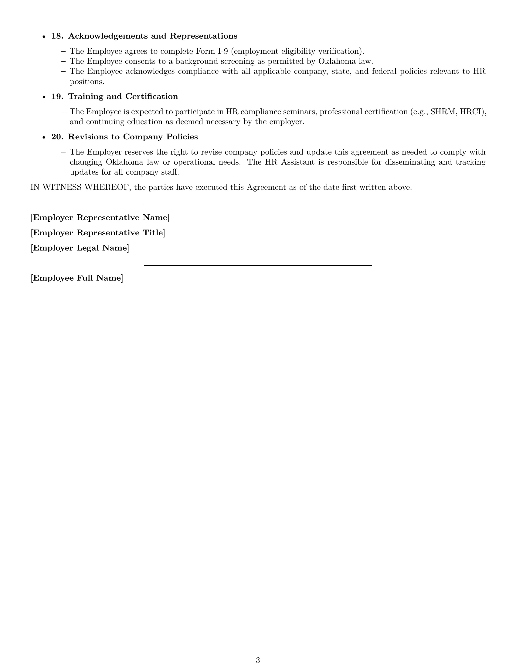 Preview page 3 of Free Oklahoma HR assistant employment contract template