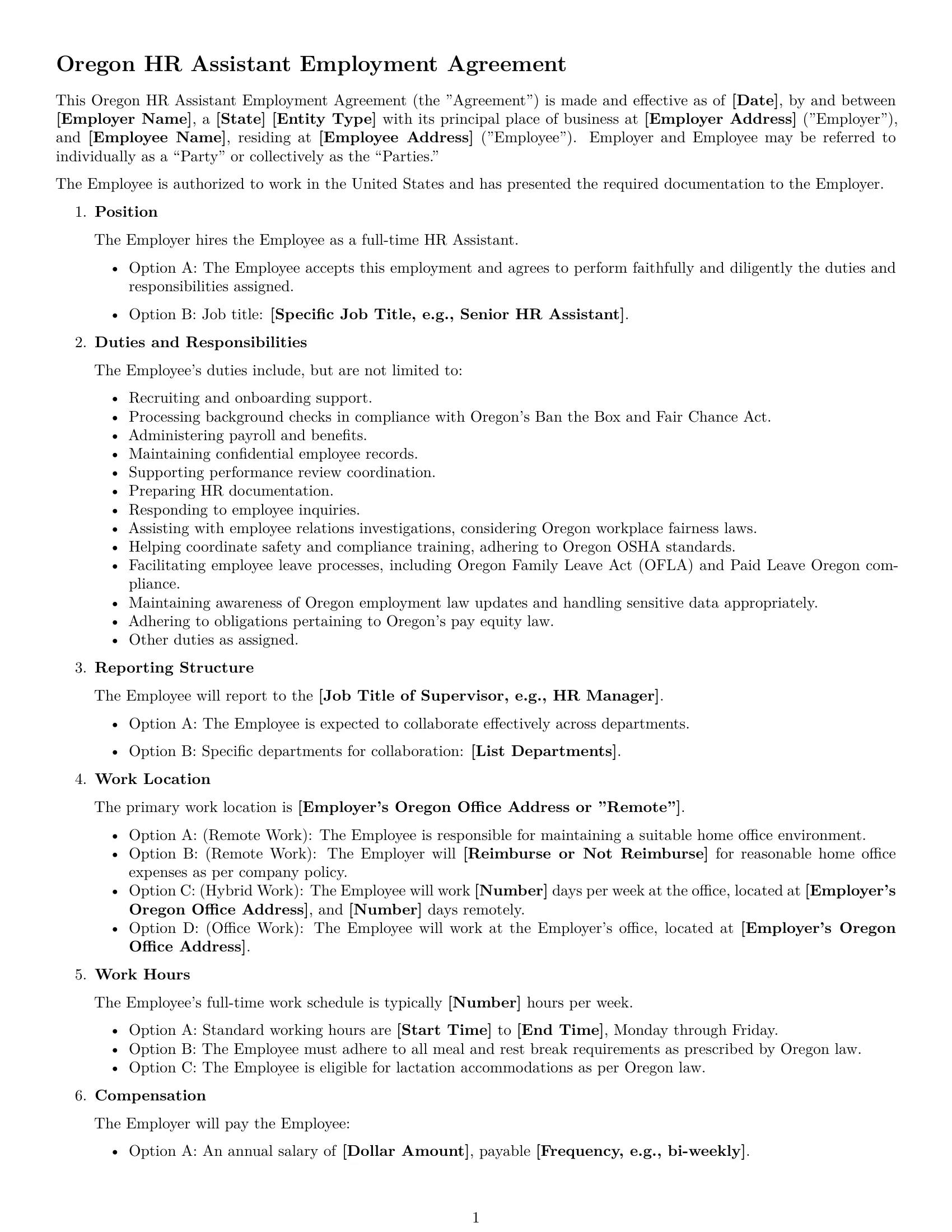 Preview page 1 of Free Oregon HR assistant employment contract template