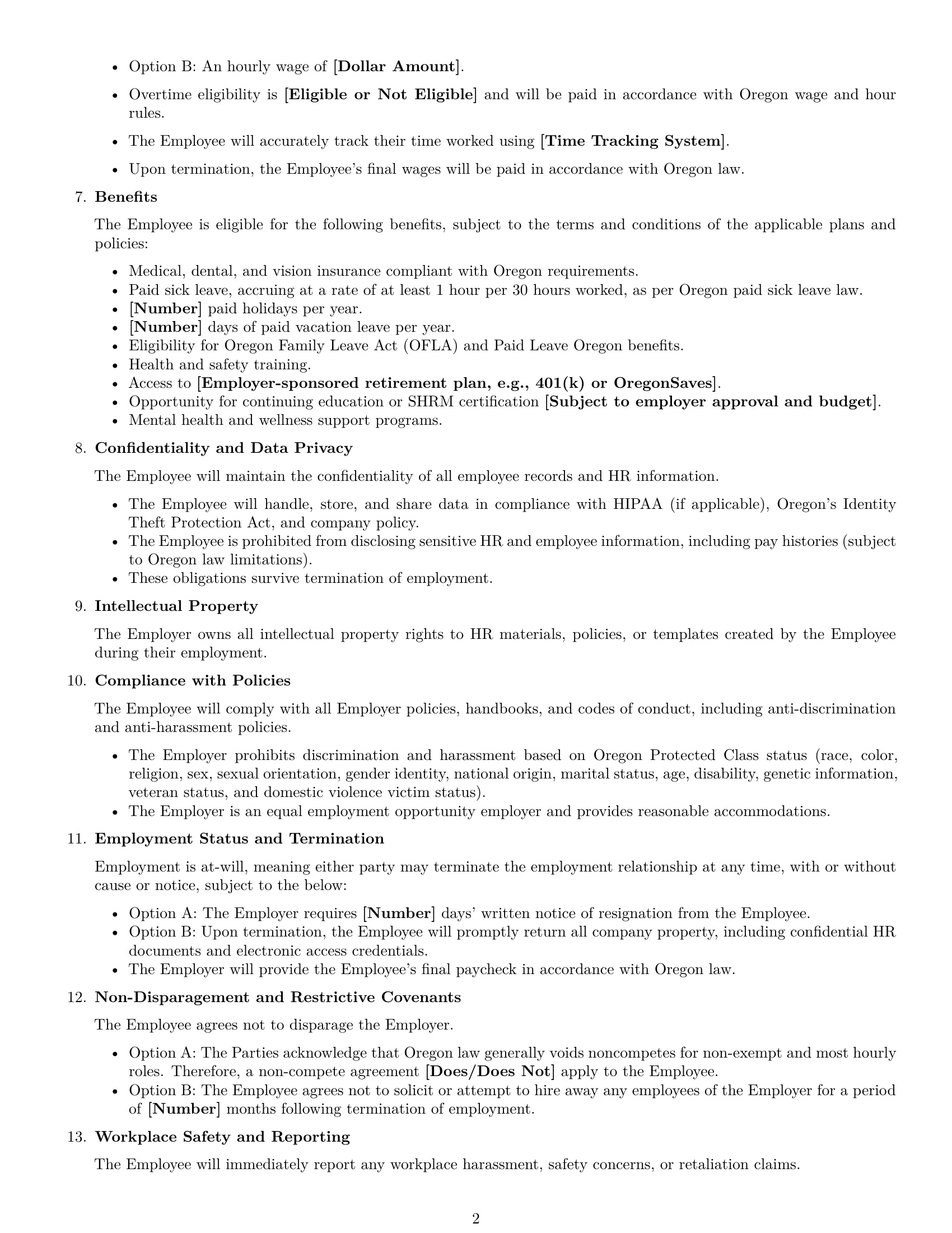 Preview page 2 of Free Oregon HR assistant employment contract template
