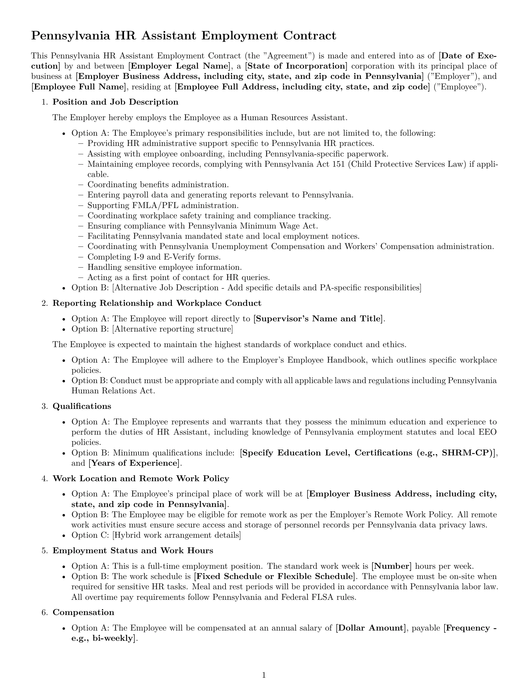 Preview page 1 of Free Pennsylvania HR assistant employment contract template