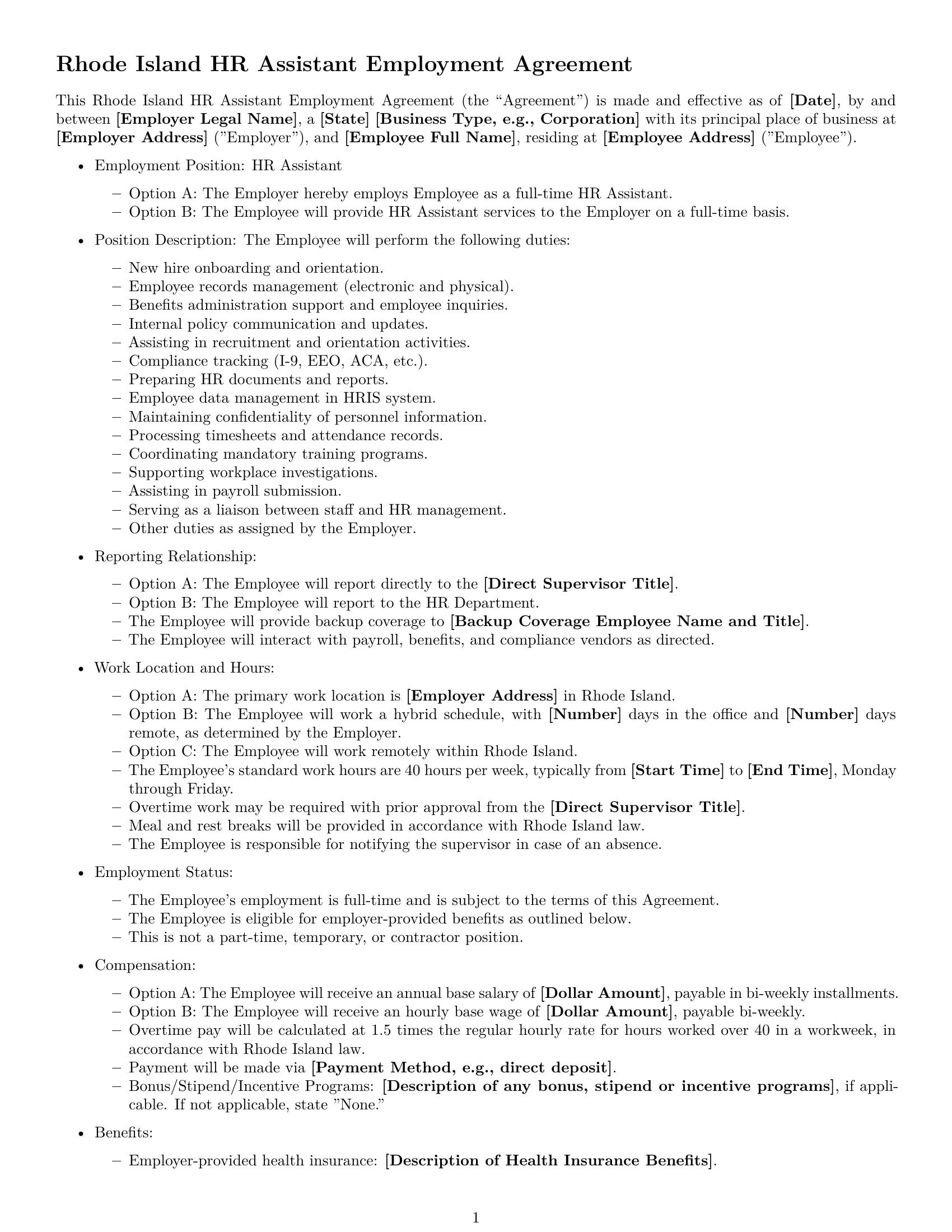 Preview page 1 of Free Rhode Island HR assistant employment contract template