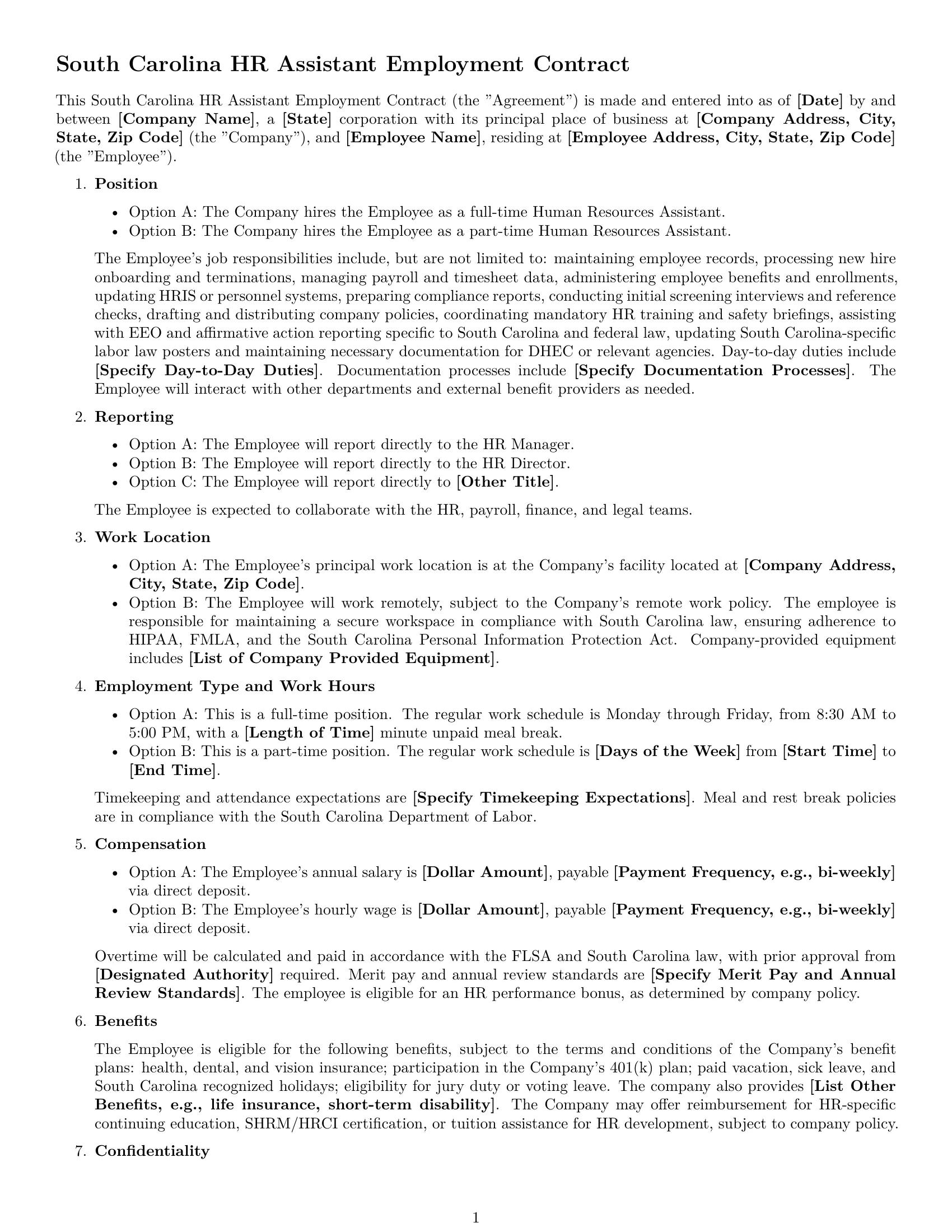 Preview page 1 of Free South Carolina HR assistant employment contract template