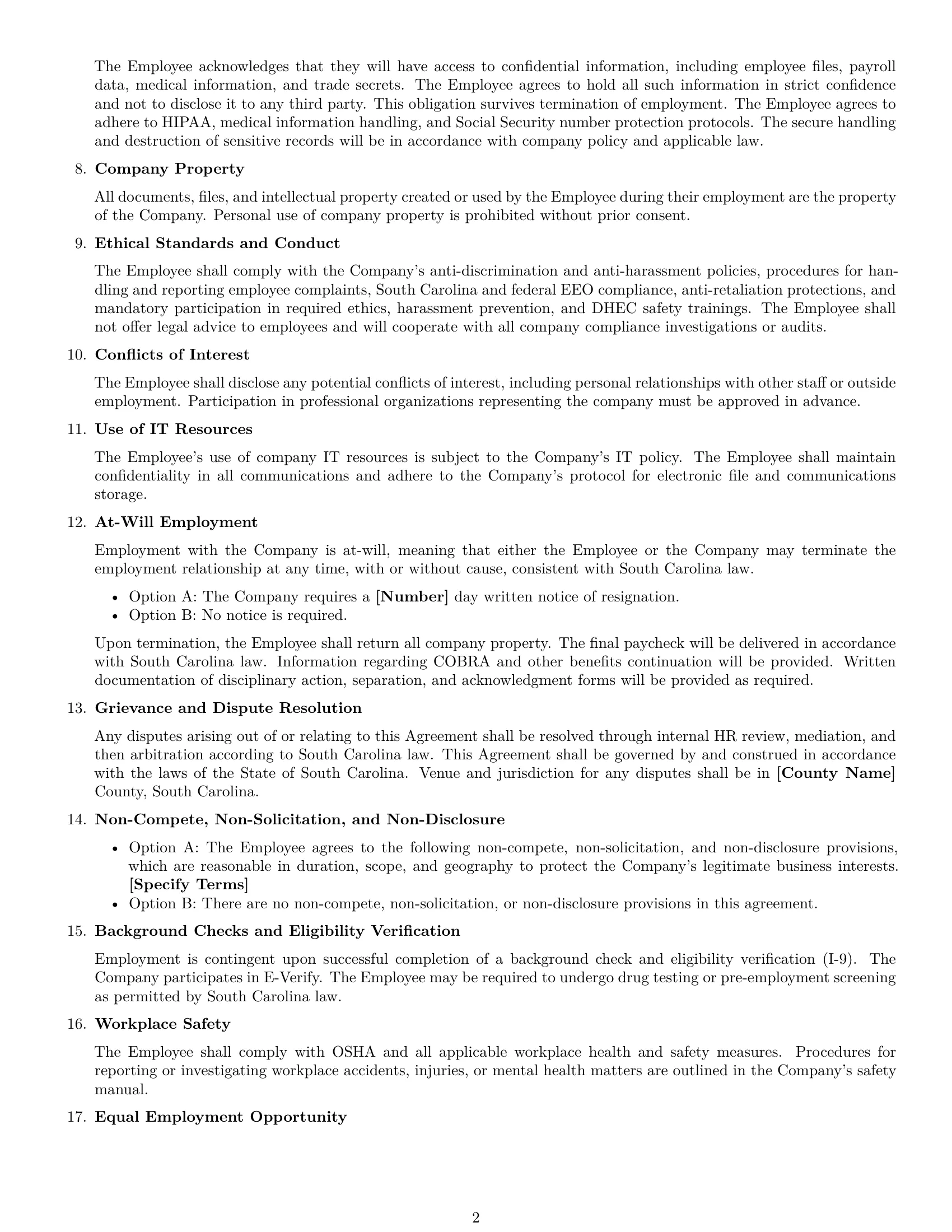 Preview page 2 of Free South Carolina HR assistant employment contract template