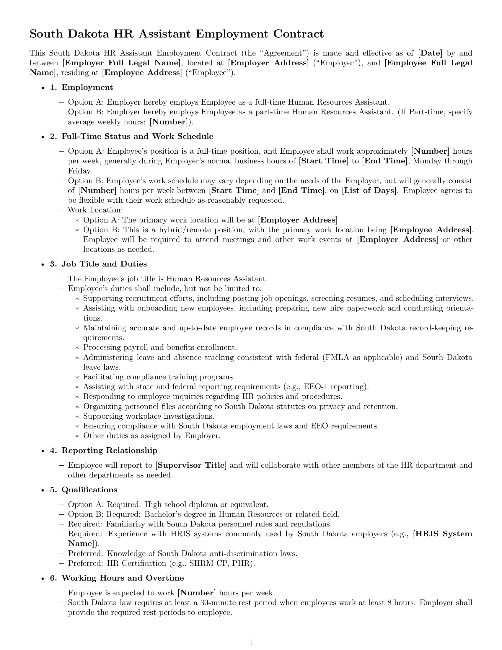 Preview page 1 of Free South Dakota HR assistant employment contract template
