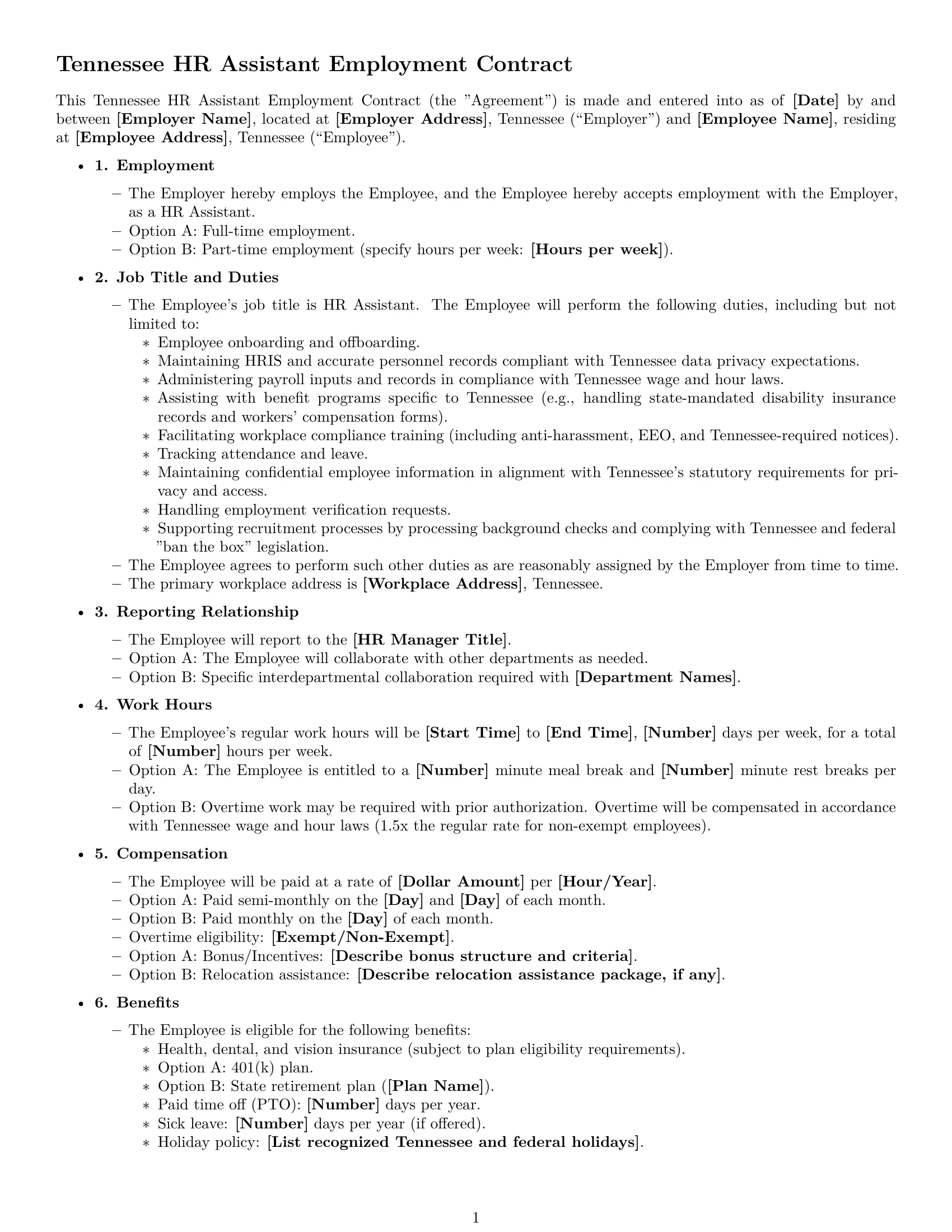 Preview page 1 of Free Tennessee HR assistant employment contract template