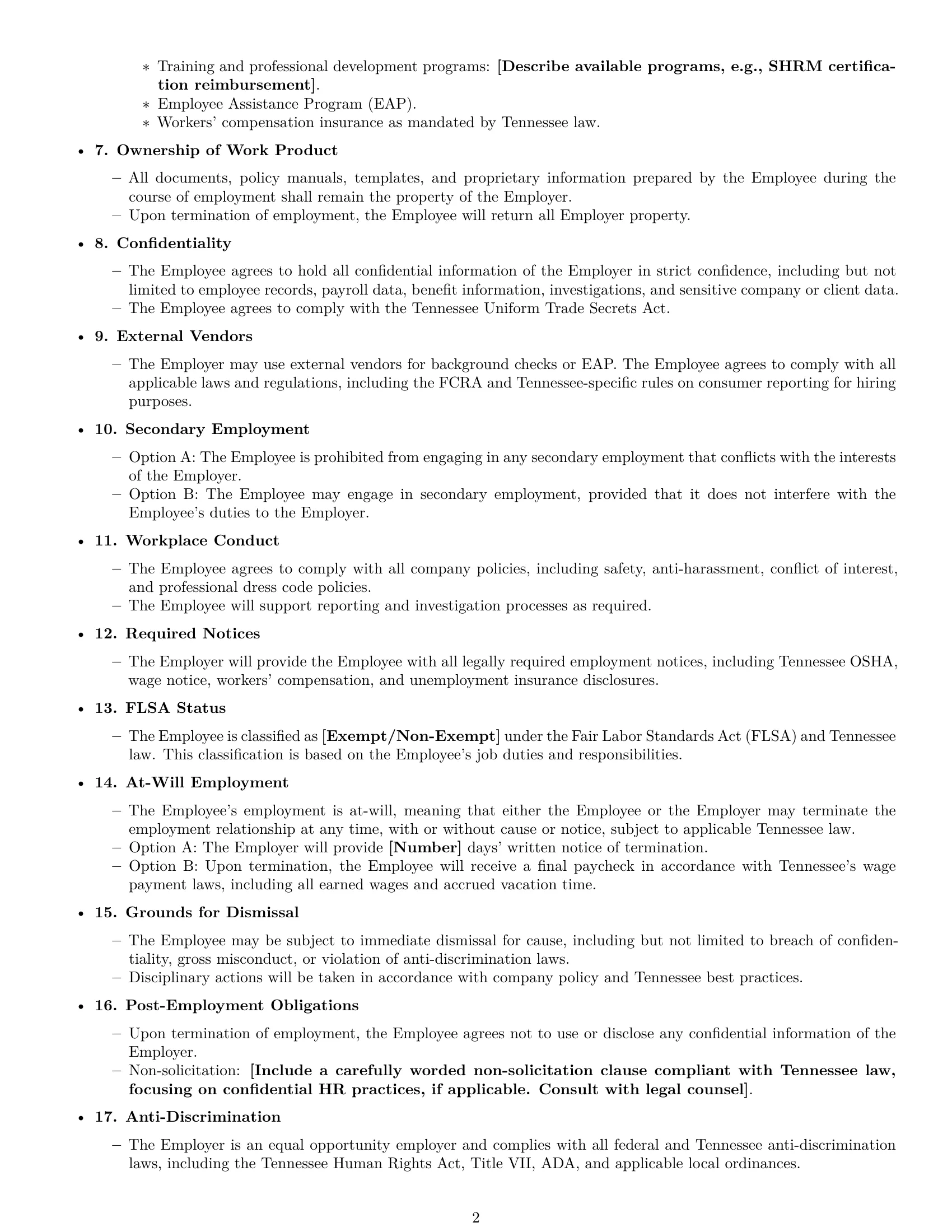 Preview page 2 of Free Tennessee HR assistant employment contract template