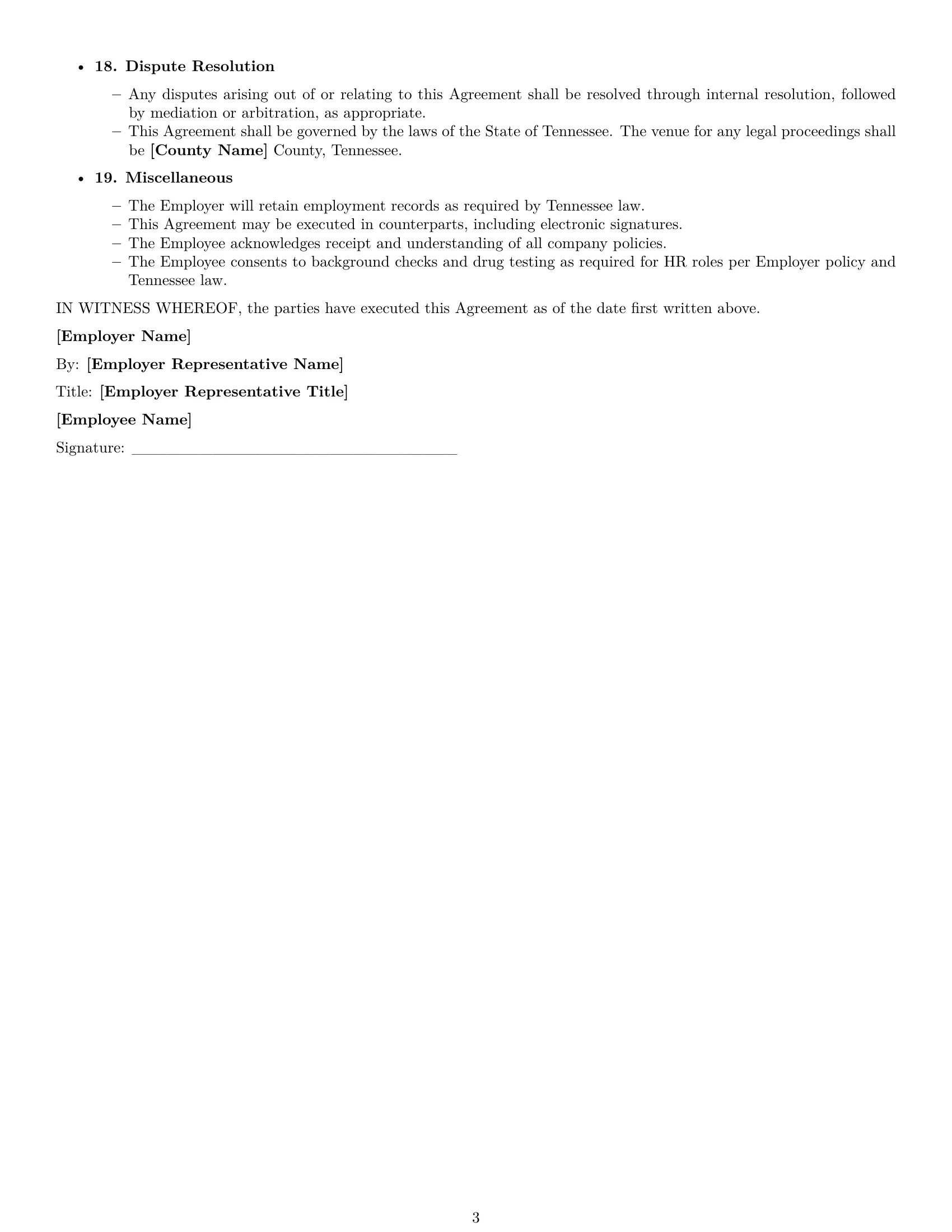 Preview page 3 of Free Tennessee HR assistant employment contract template