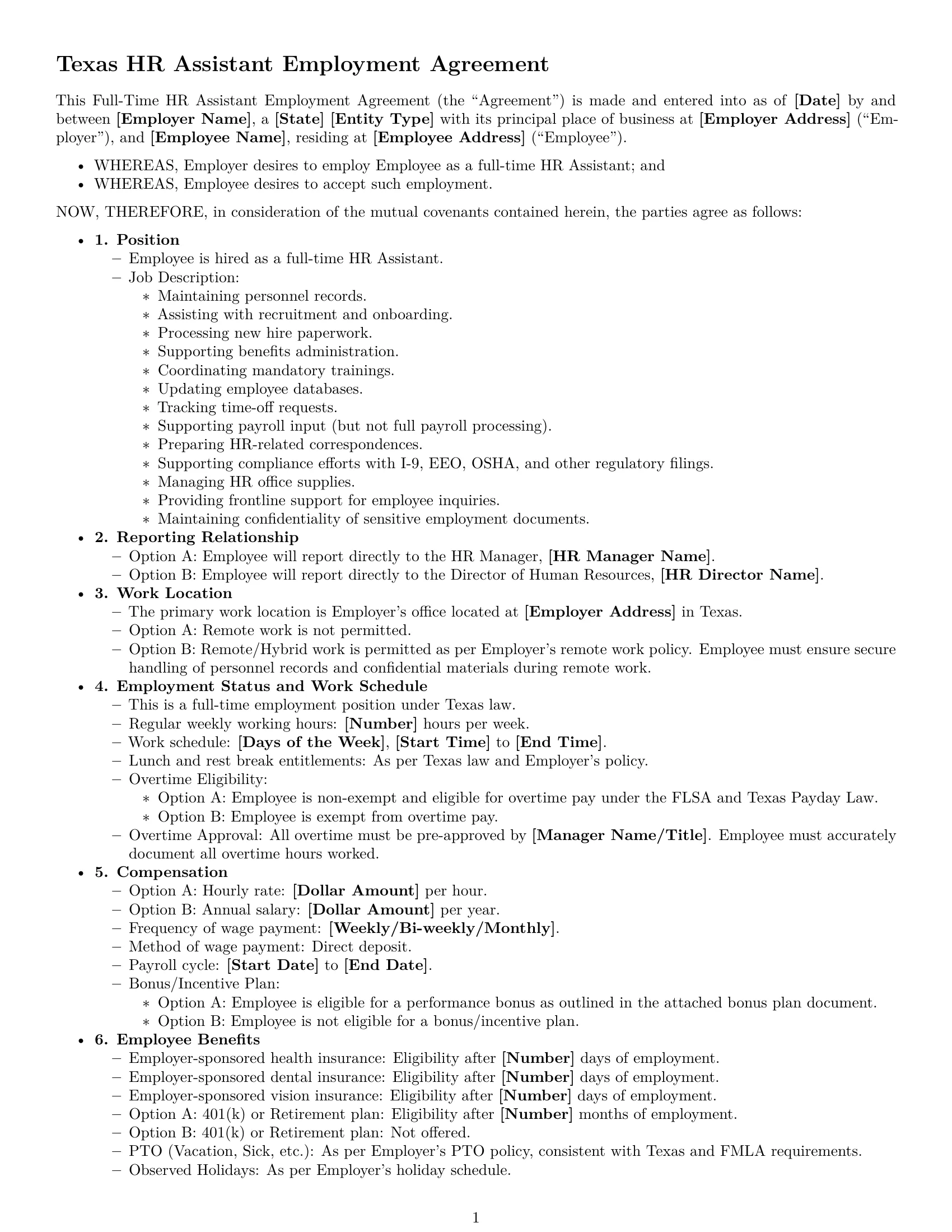 Preview page 1 of Free Texas HR assistant employment contract template