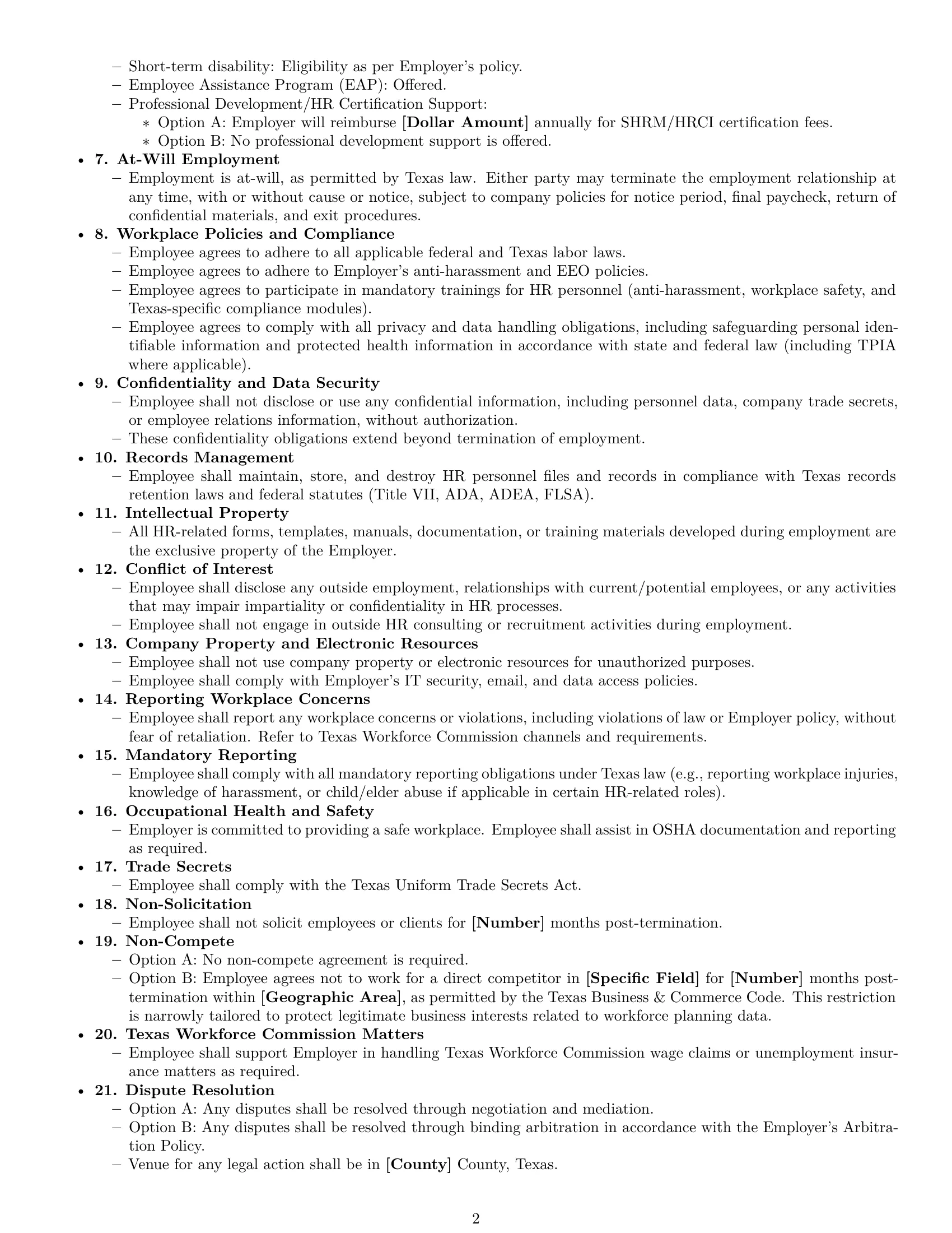 Preview page 2 of Free Texas HR assistant employment contract template