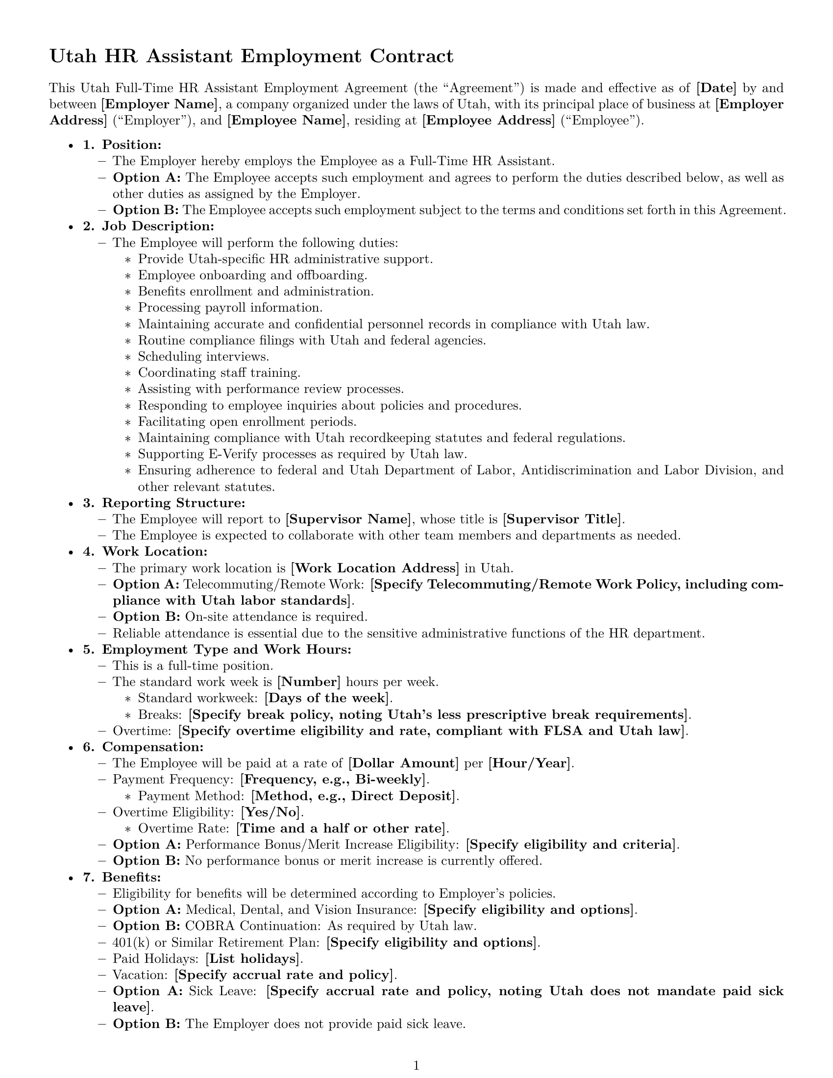 Preview page 1 of Free Utah HR assistant employment contract template