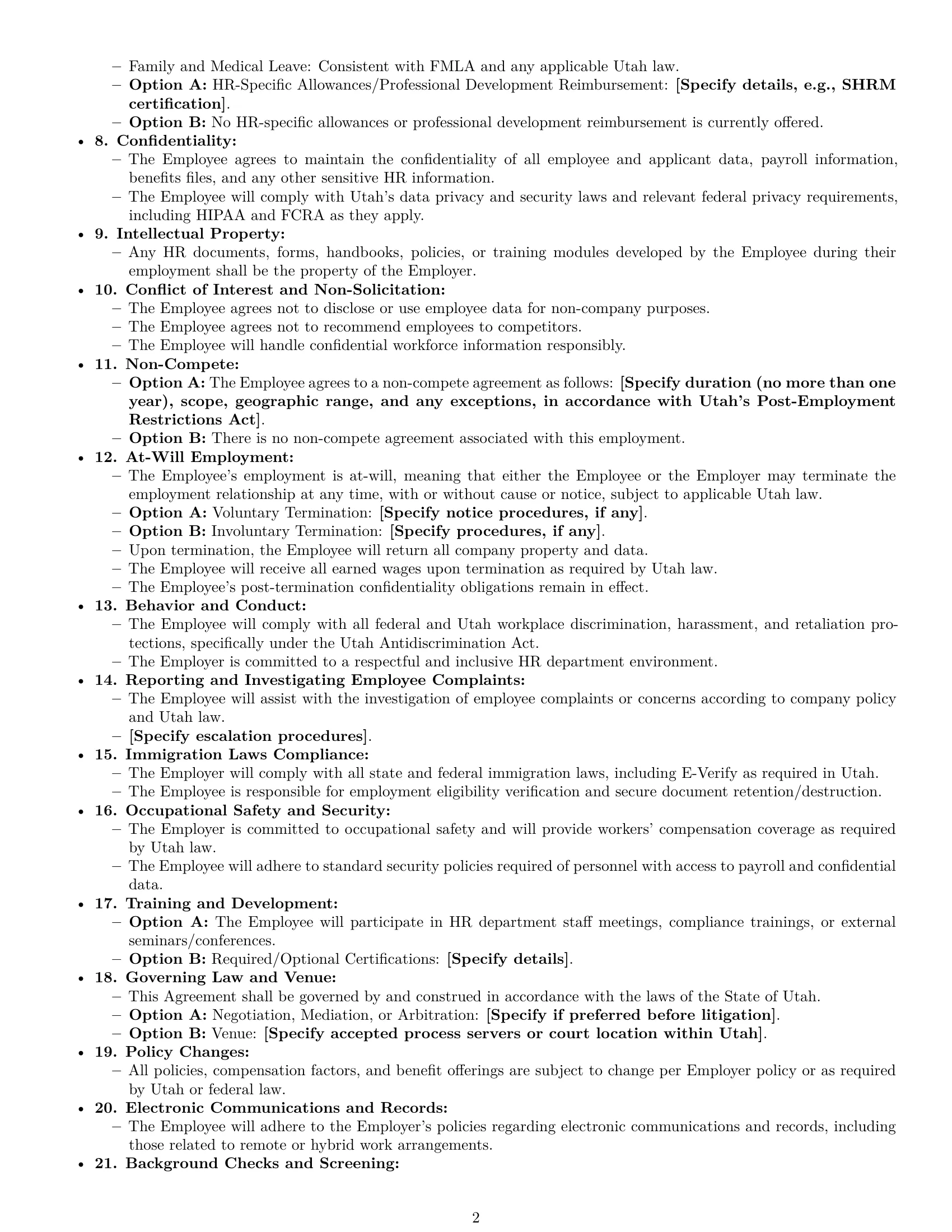 Preview page 2 of Free Utah HR assistant employment contract template