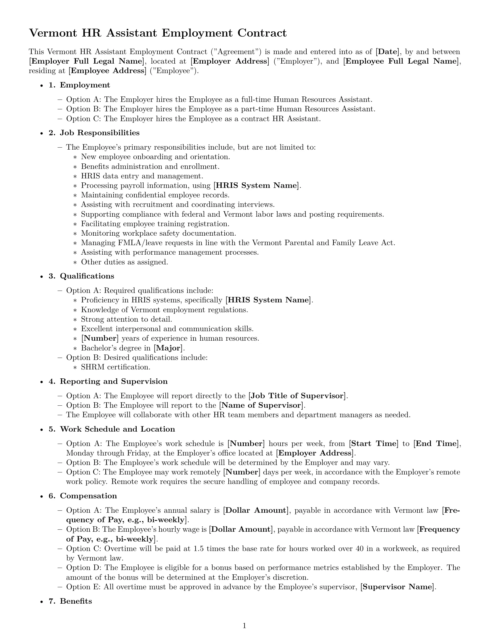 Preview page 1 of Free Vermont HR assistant employment contract template