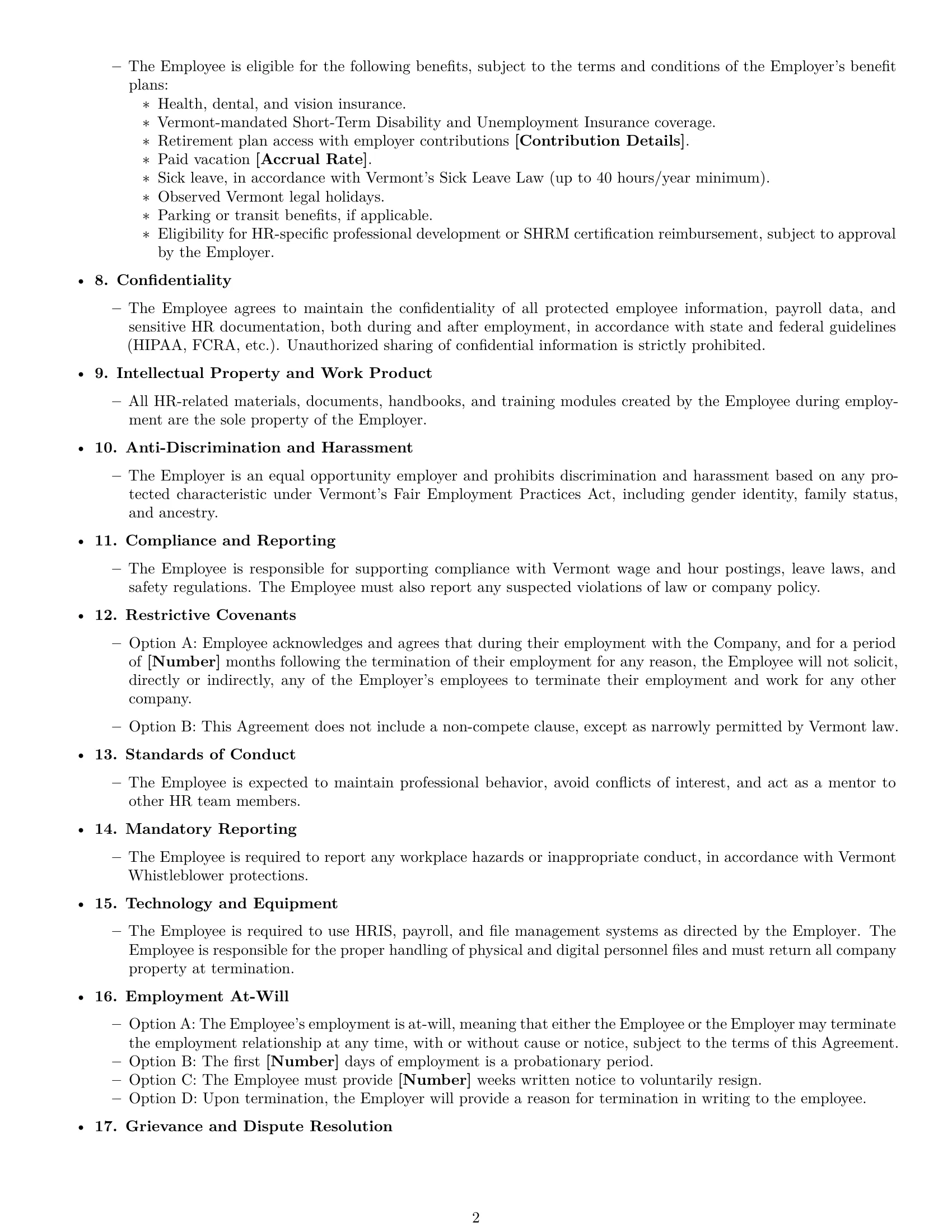 Preview page 2 of Free Vermont HR assistant employment contract template