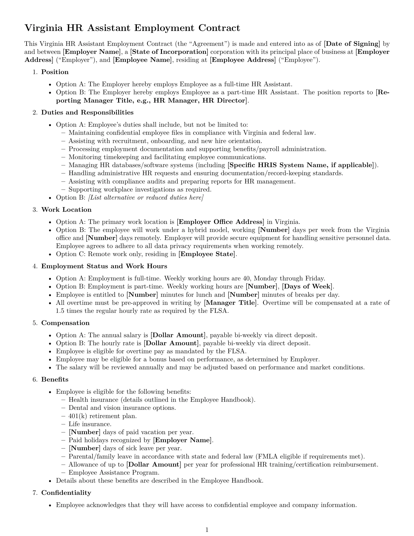 Preview page 1 of Free Virginia HR assistant employment contract template