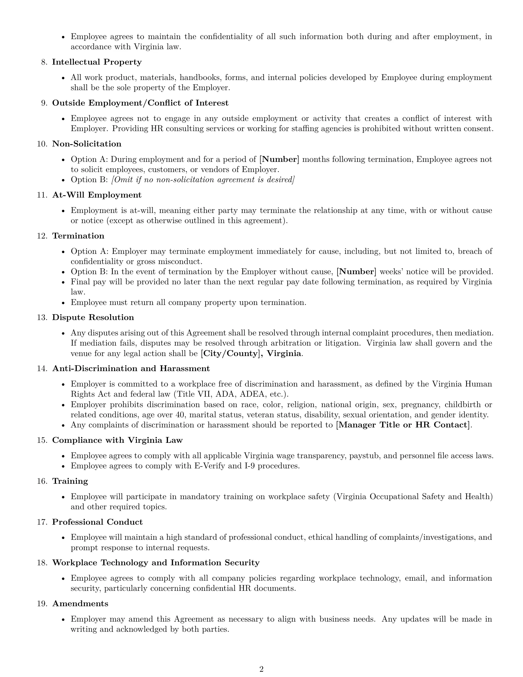 Preview page 2 of Free Virginia HR assistant employment contract template