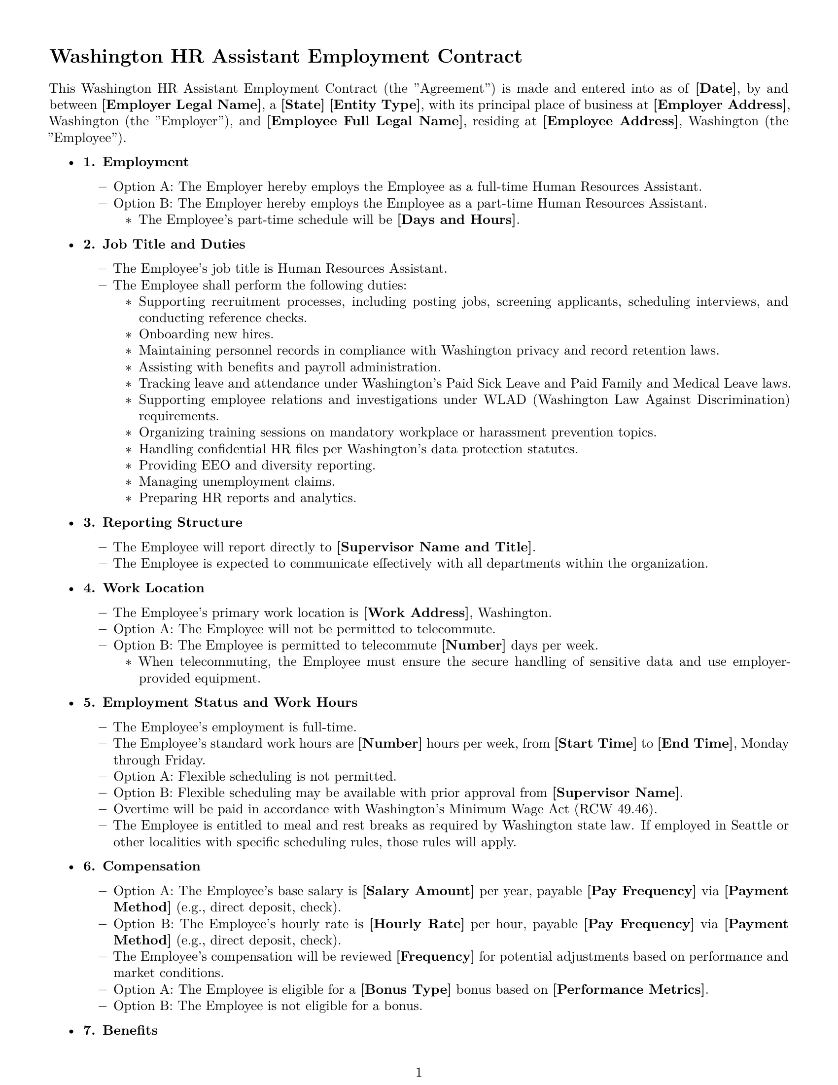 Preview page 1 of Free Washington HR assistant employment contract template