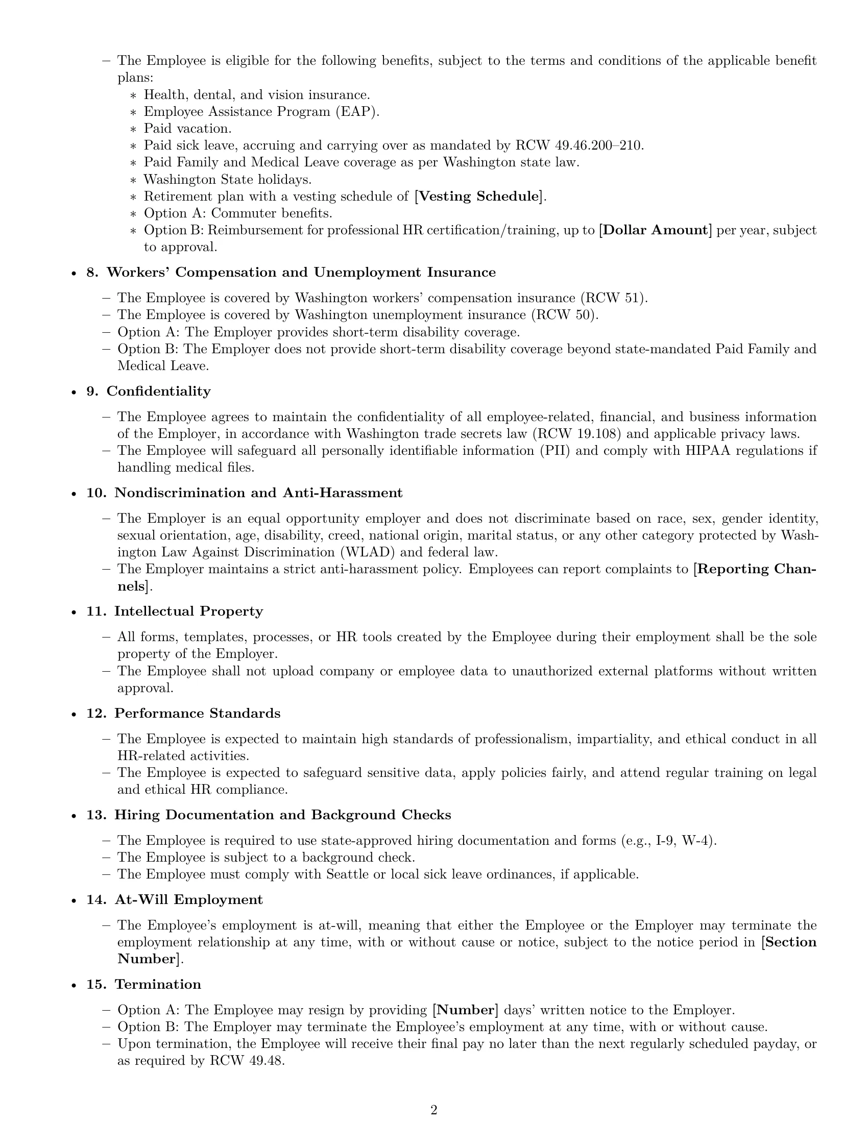 Preview page 2 of Free Washington HR assistant employment contract template