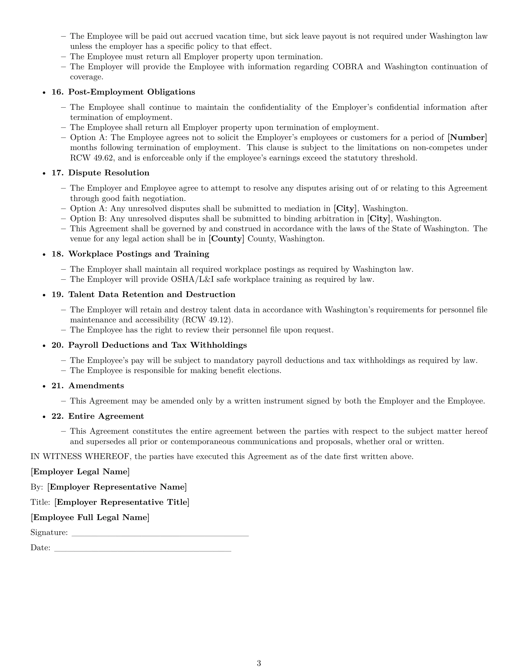 Preview page 3 of Free Washington HR assistant employment contract template
