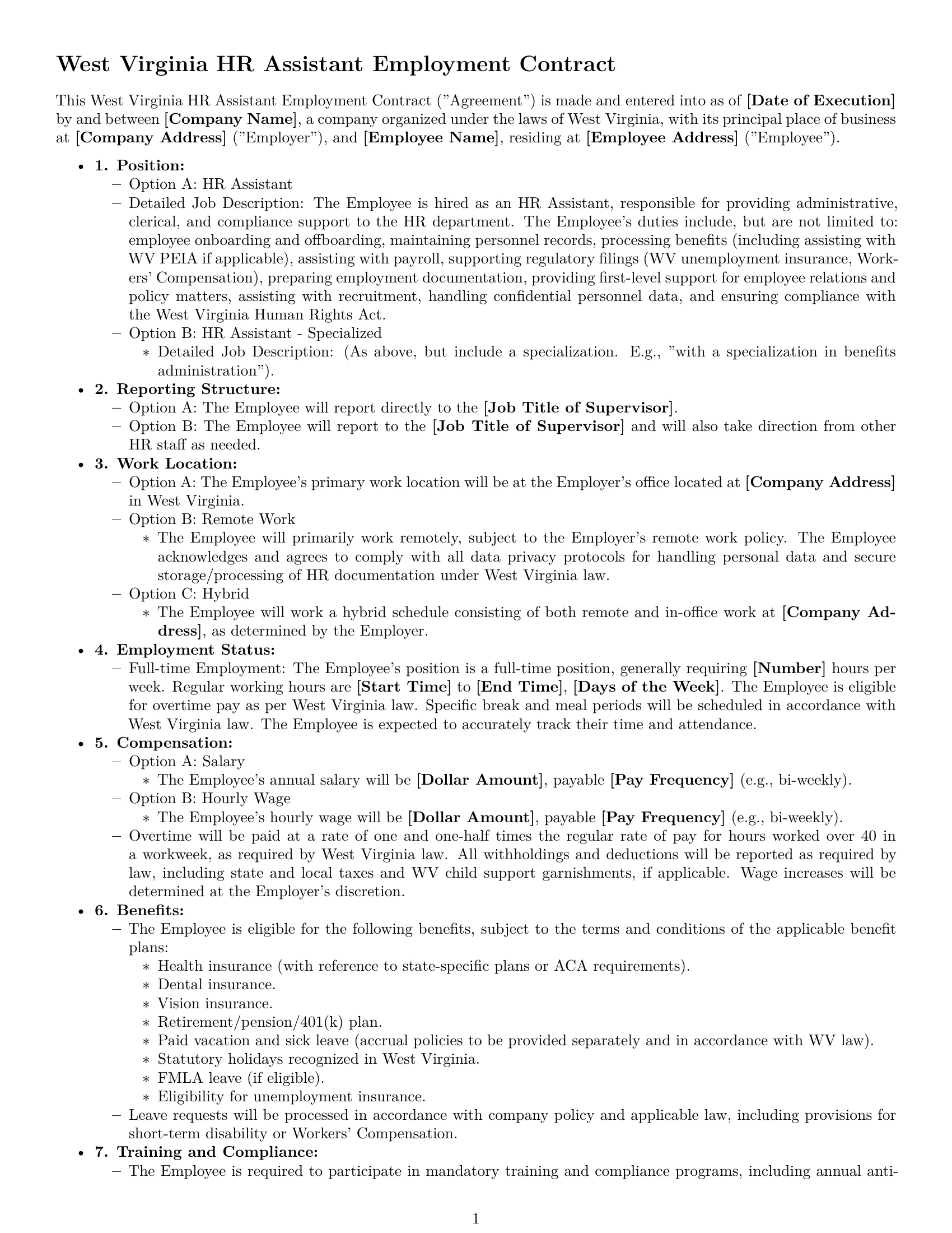 Preview page 1 of Free West Virginia HR assistant employment contract template