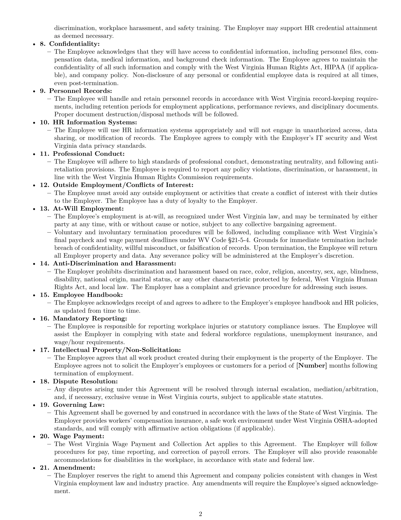 Preview page 2 of Free West Virginia HR assistant employment contract template
